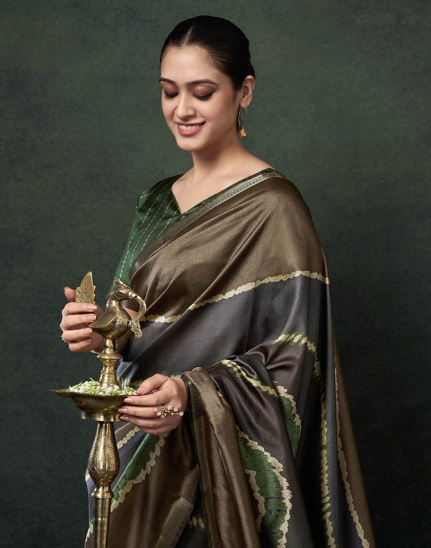 Khaki Silk Printed Saree - Image 2