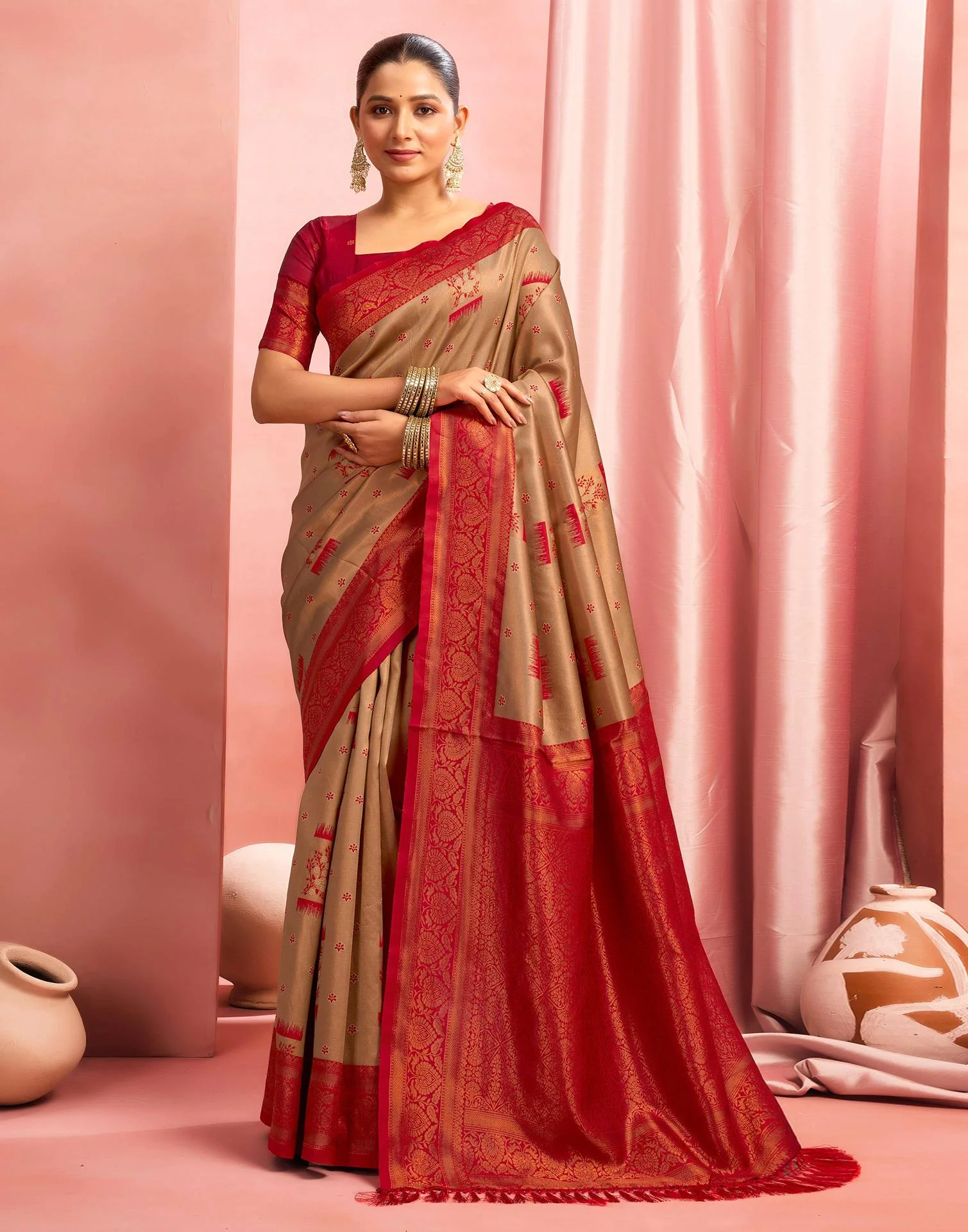 Khaki Silk Woven Kanjivaram Saree