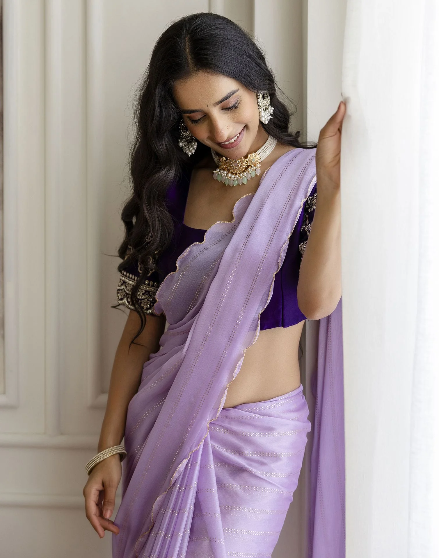 Lavender Chiffon Foil Printed Saree - Image 5