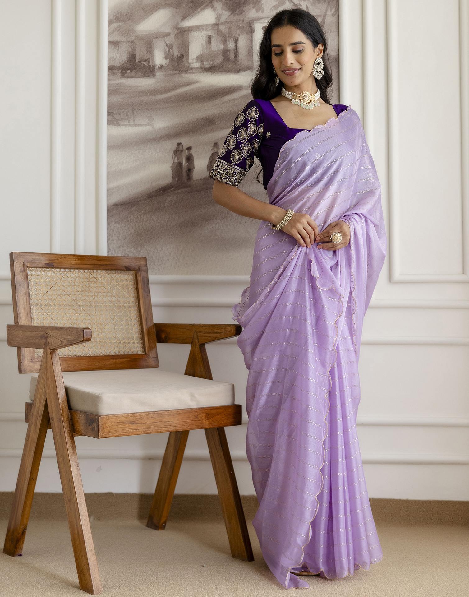 Lavender Chiffon Foil Printed Saree - Image 7