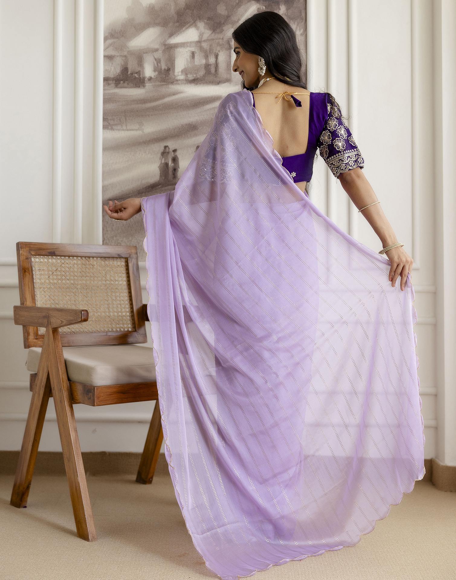 Lavender Chiffon Foil Printed Saree - Image 8