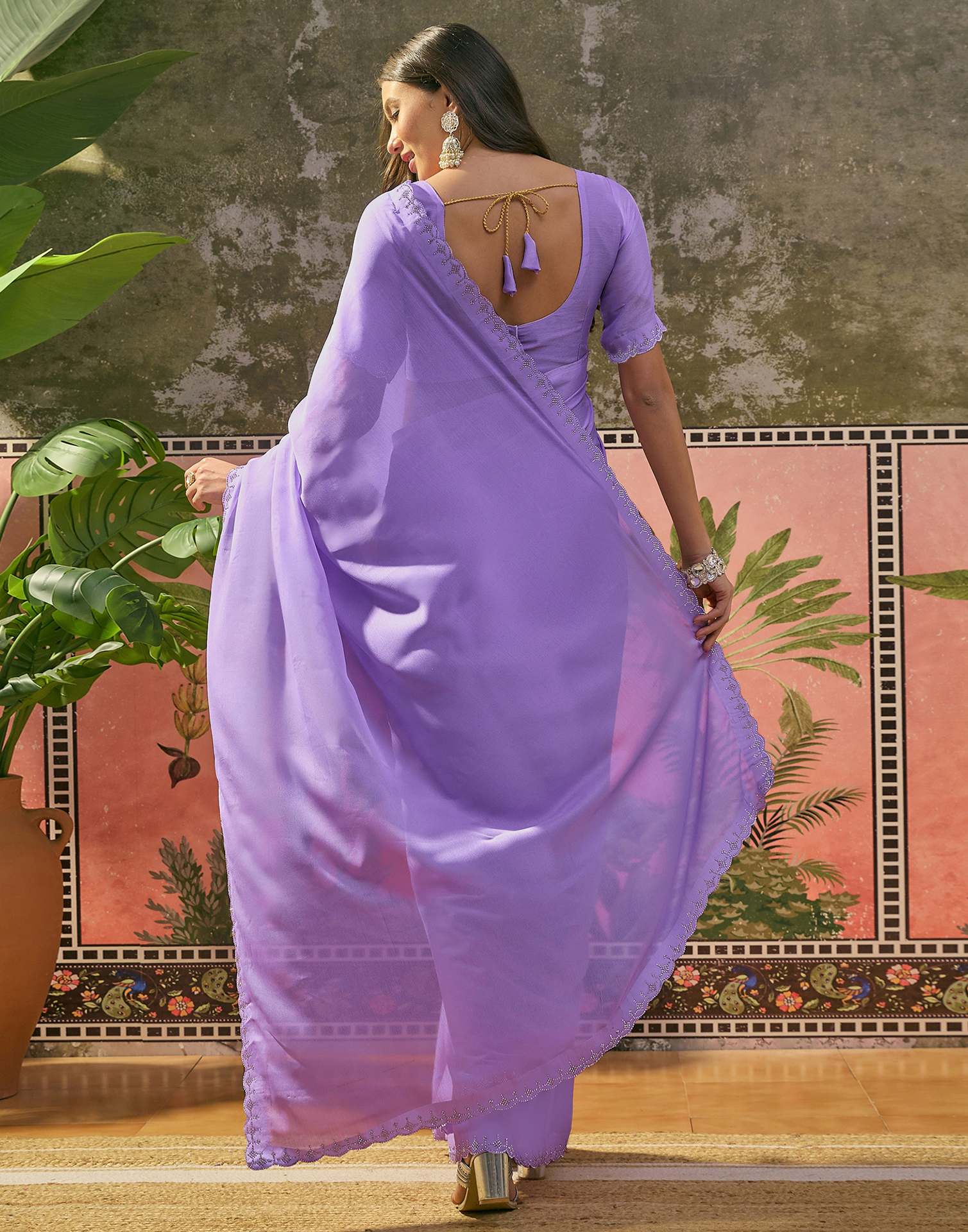 Lavender Chiffon Stone Work Swarovski Saree - Image 6
