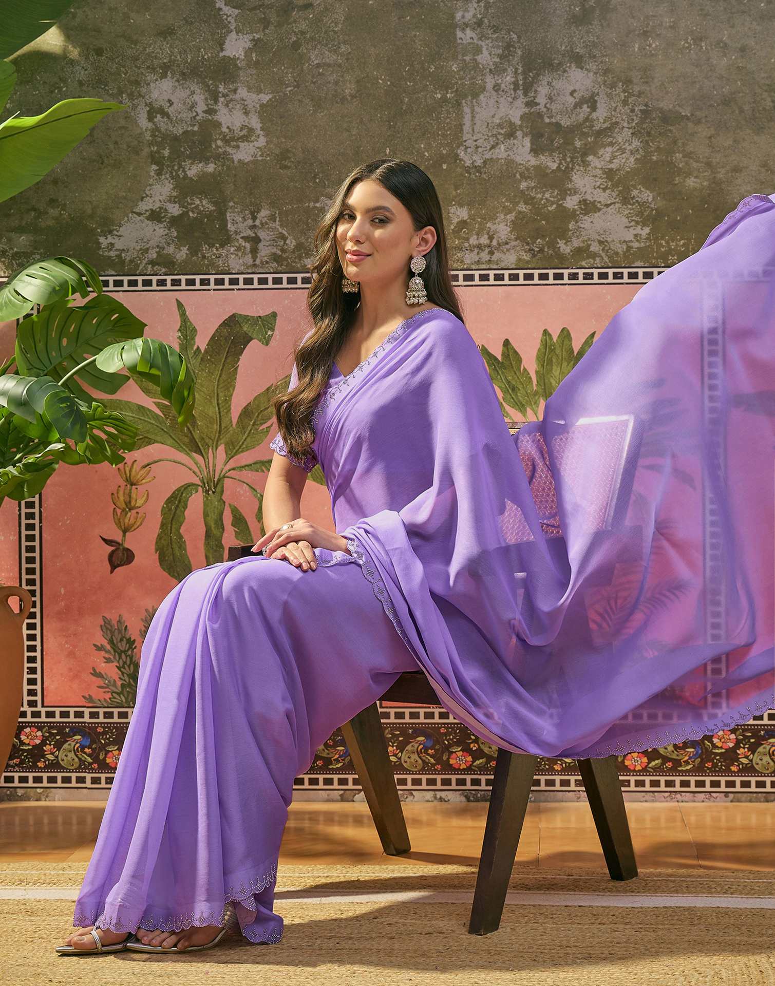 Lavender Chiffon Stone Work Swarovski Saree - Image 7