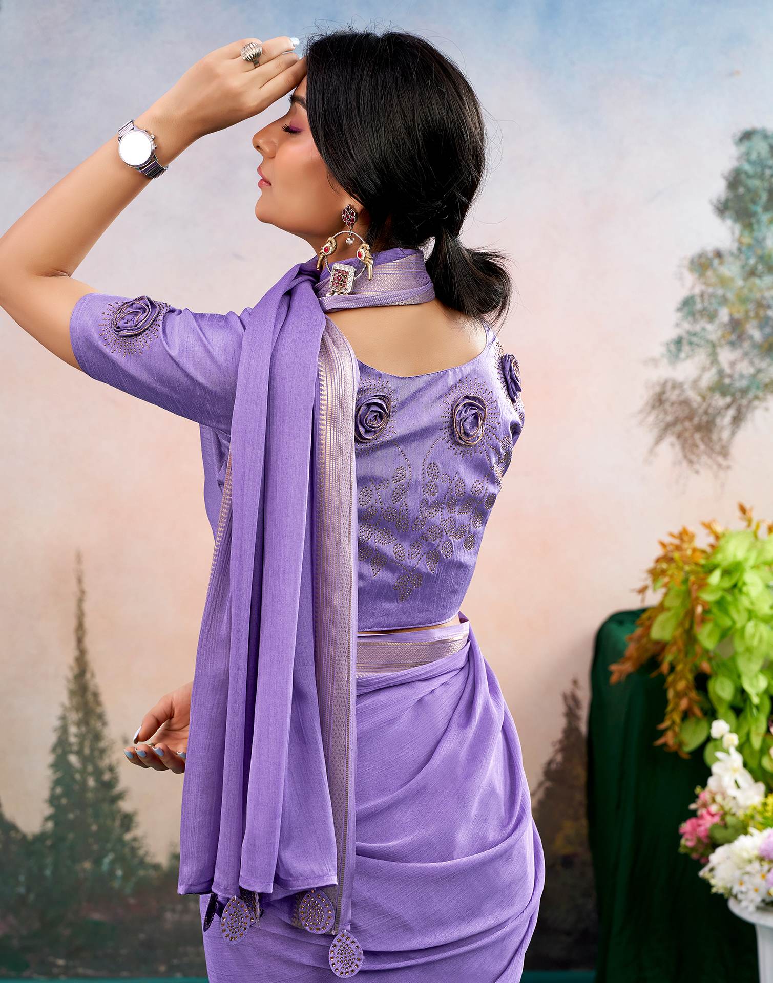 Lavender Chiffon Woven Border Saree - Image 6