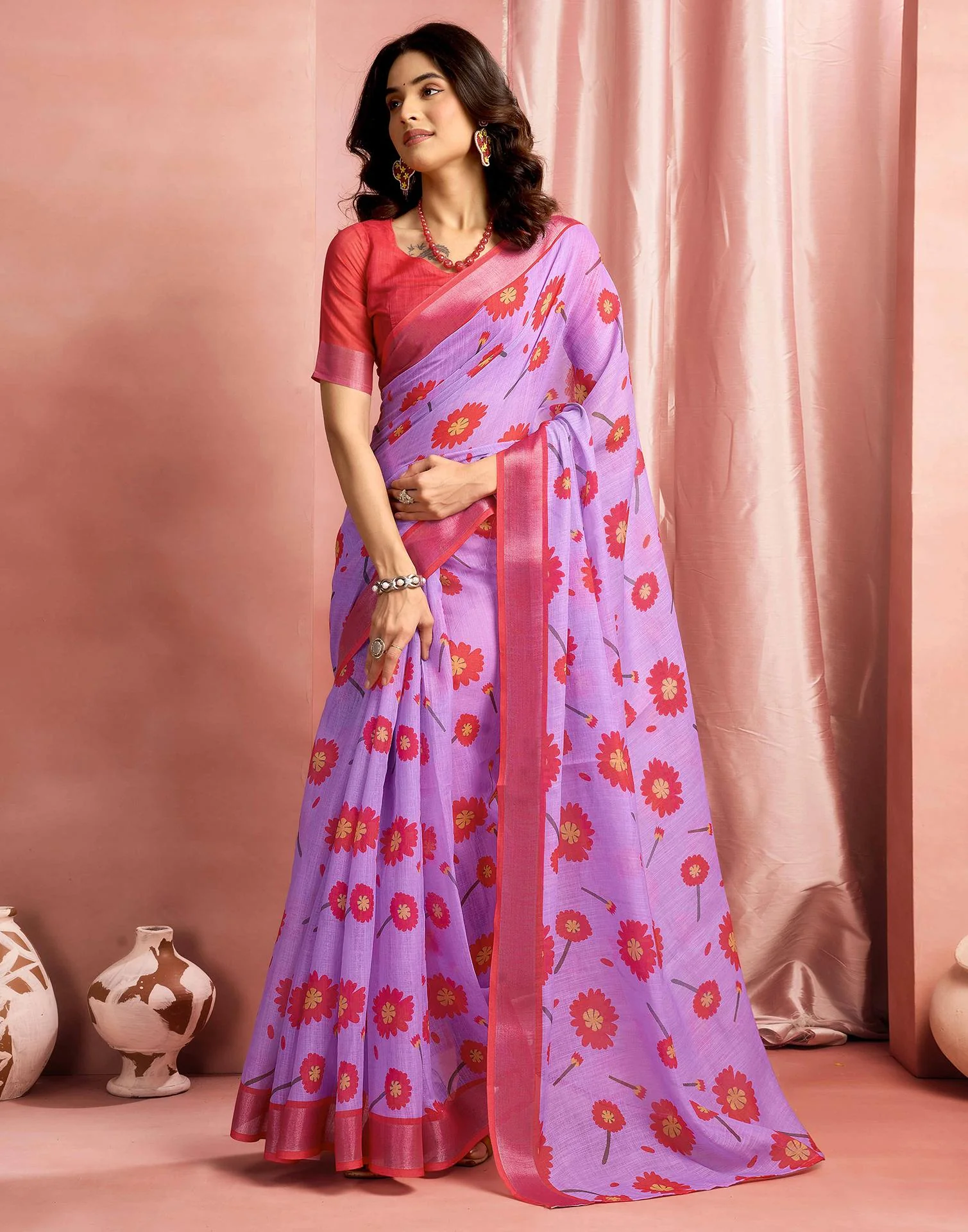 Lavender Cotton Linen Printed Saree