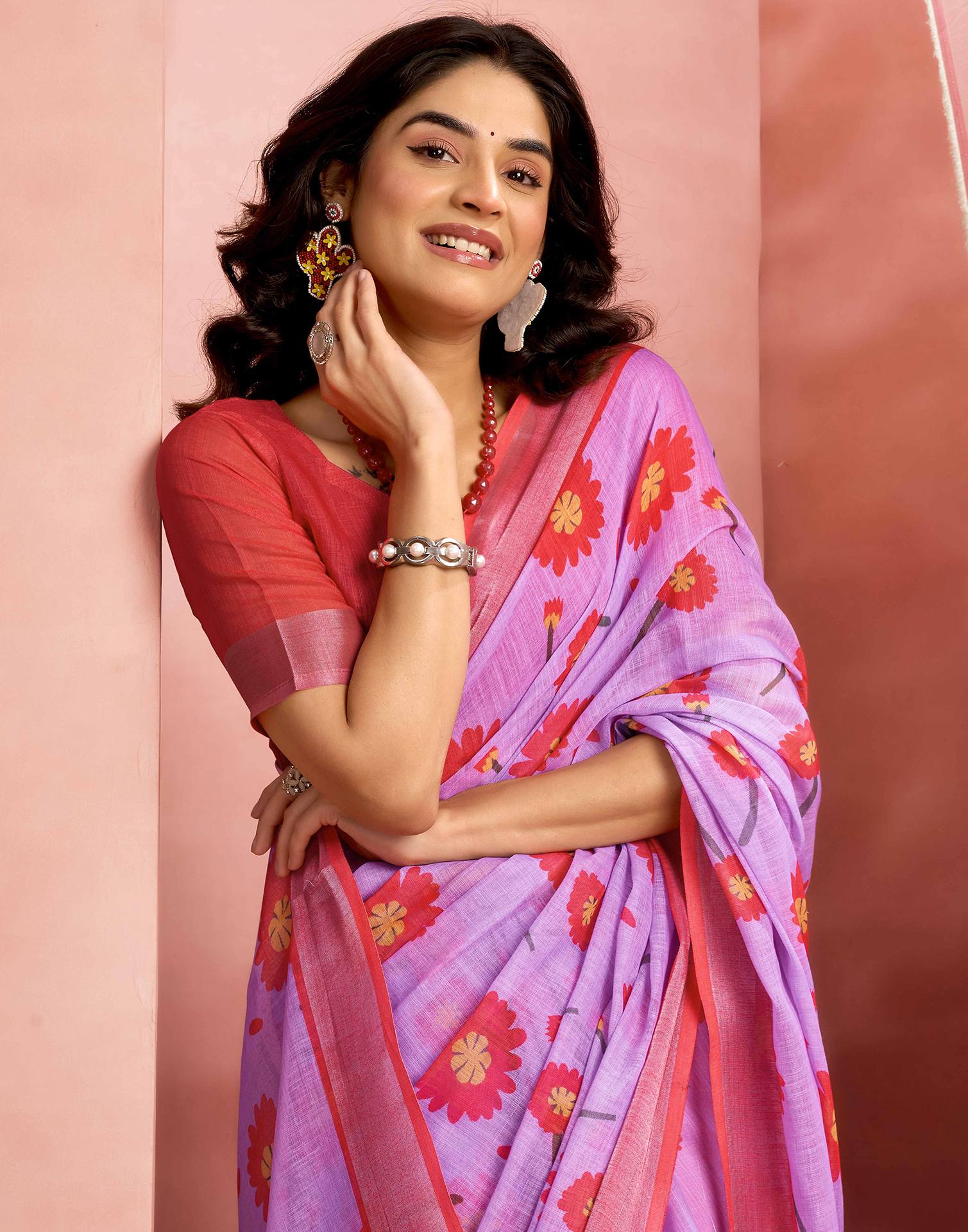 Lavender Cotton Linen Printed Saree - Image 2