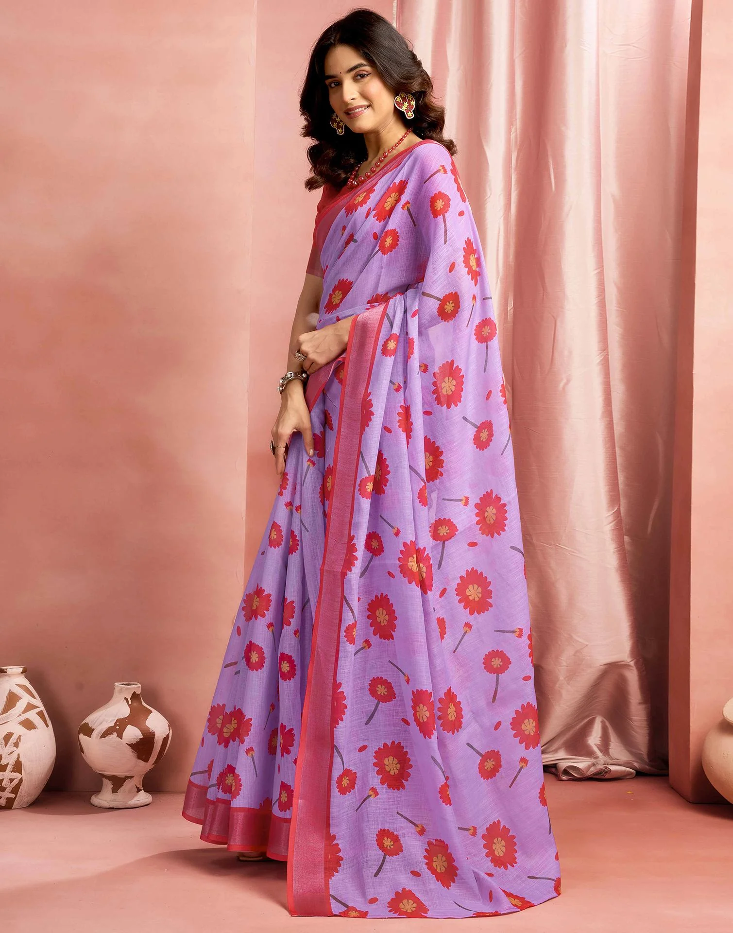 Lavender Cotton Linen Printed Saree - Image 4