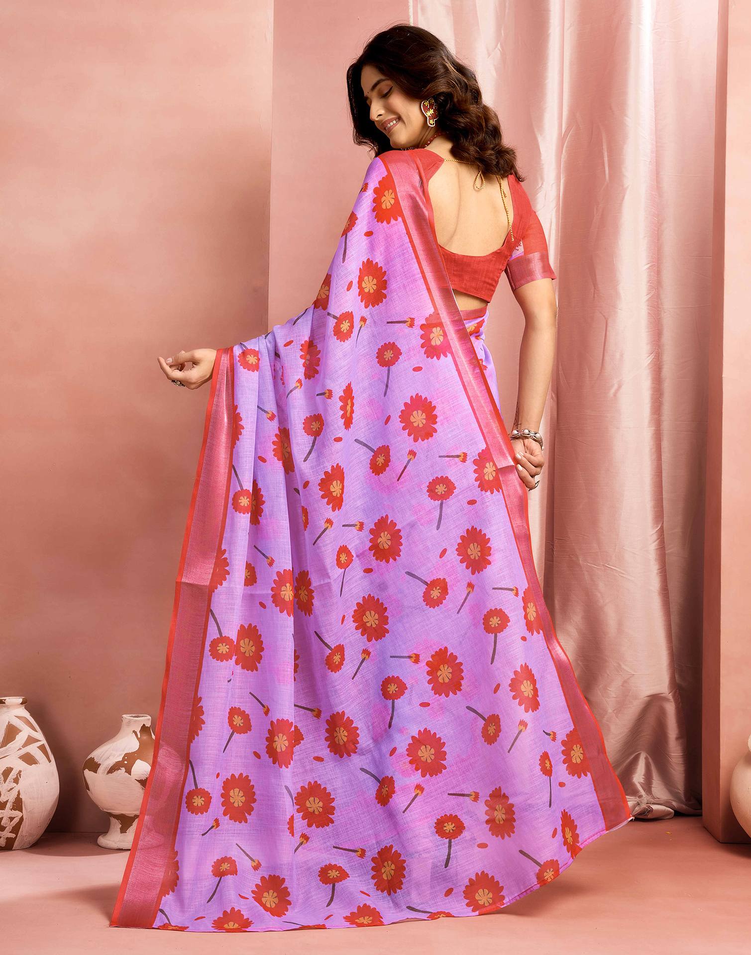 Lavender Cotton Linen Printed Saree - Image 6
