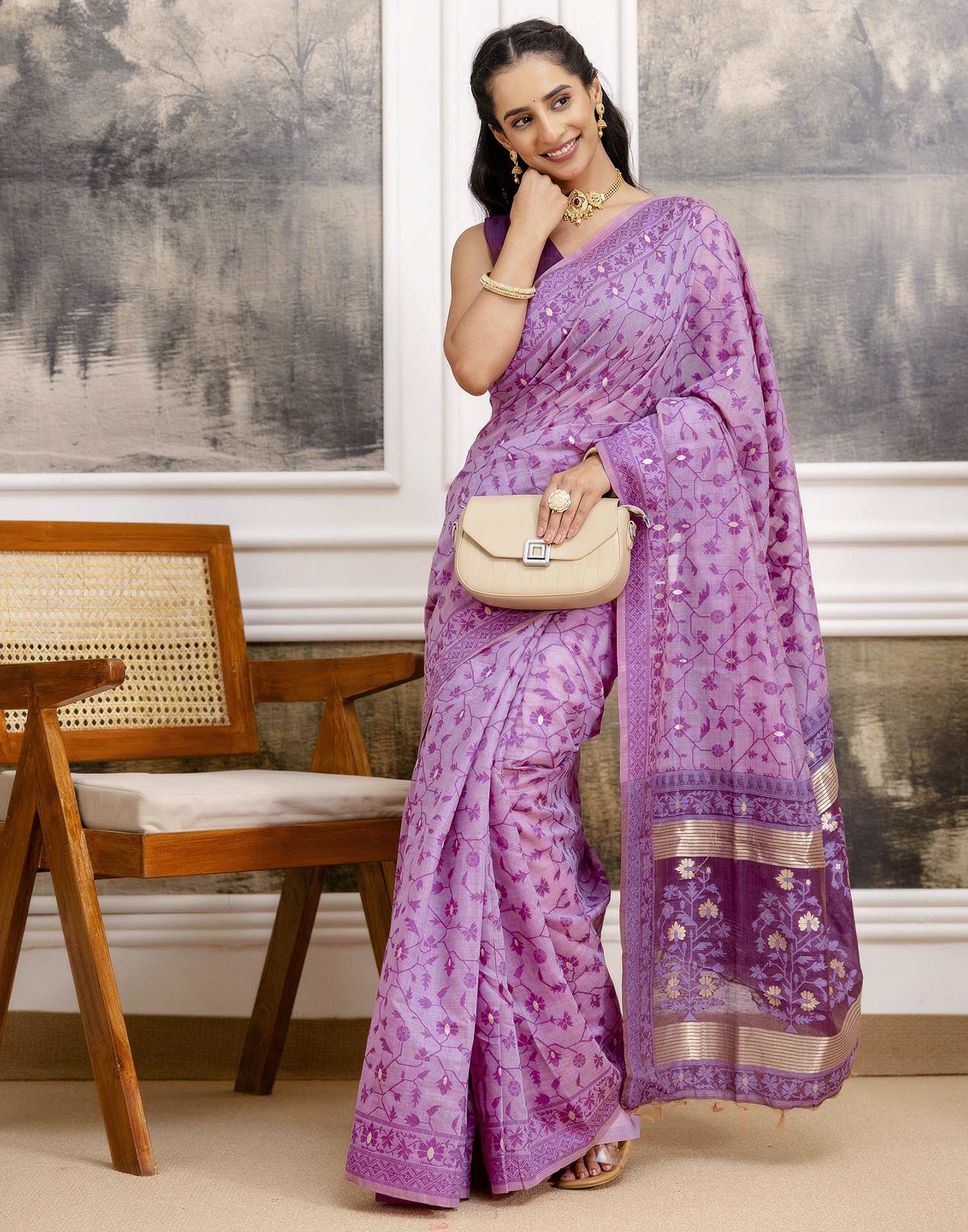 Lavender Cotton Woven Saree - Image 10