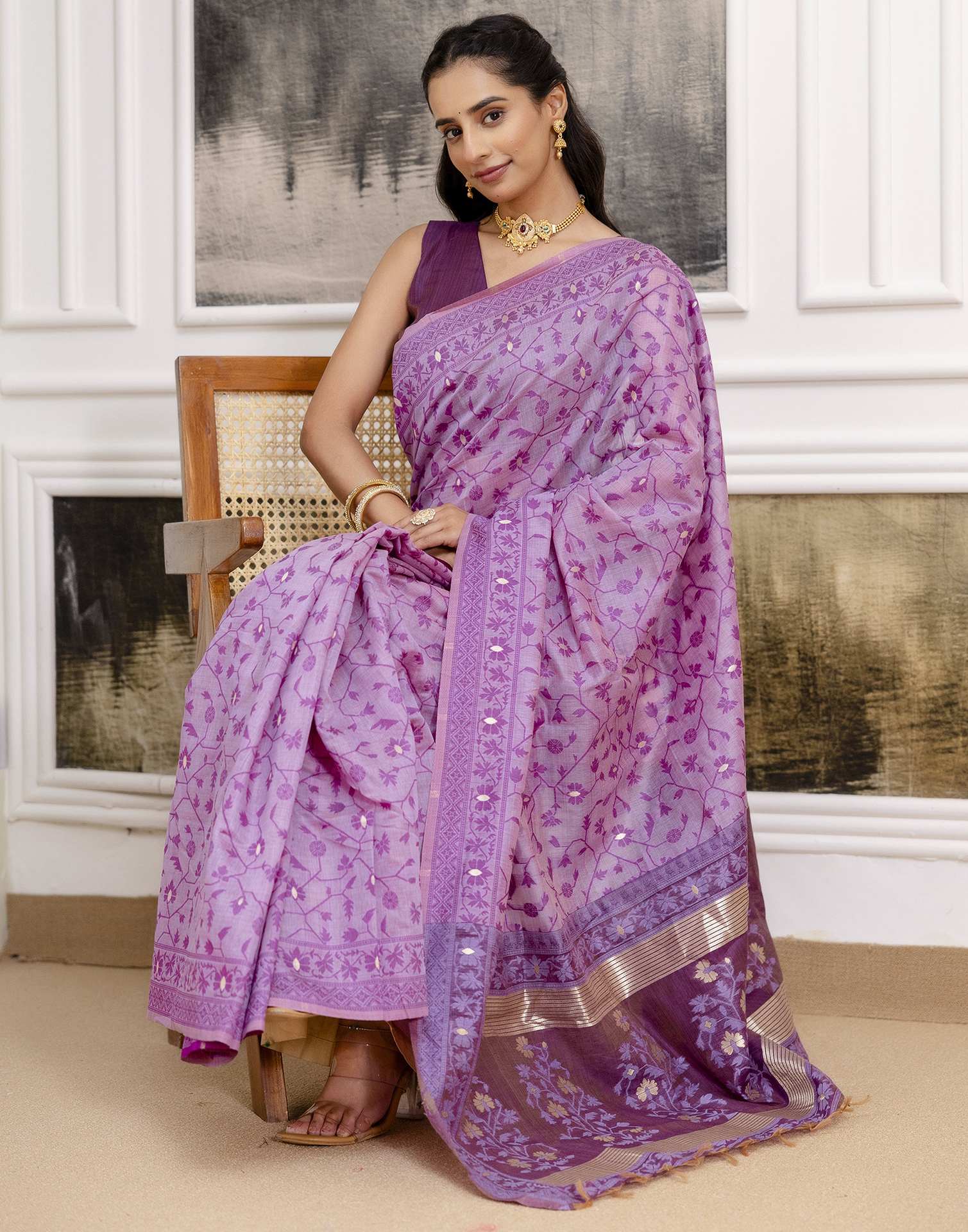 Lavender Cotton Woven Saree - Image 12