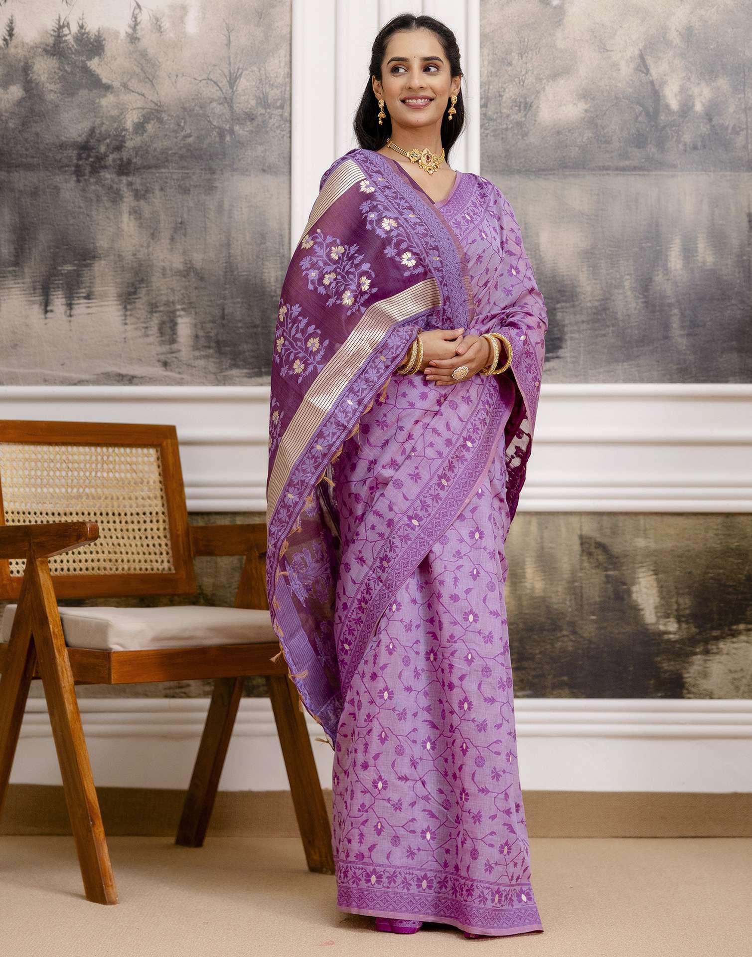 Lavender Cotton Woven Saree - Image 6