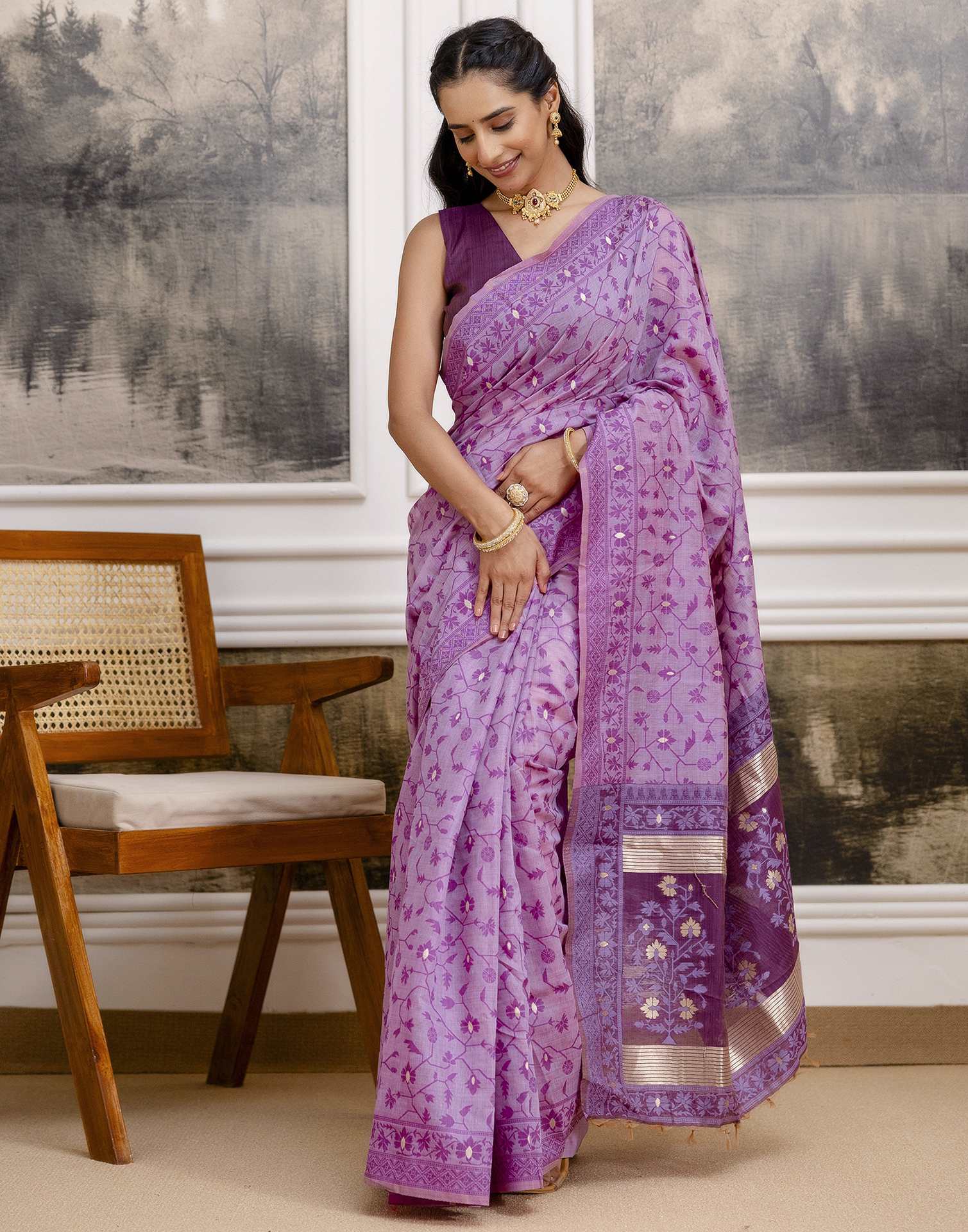 Lavender Cotton Woven Saree - Image 8