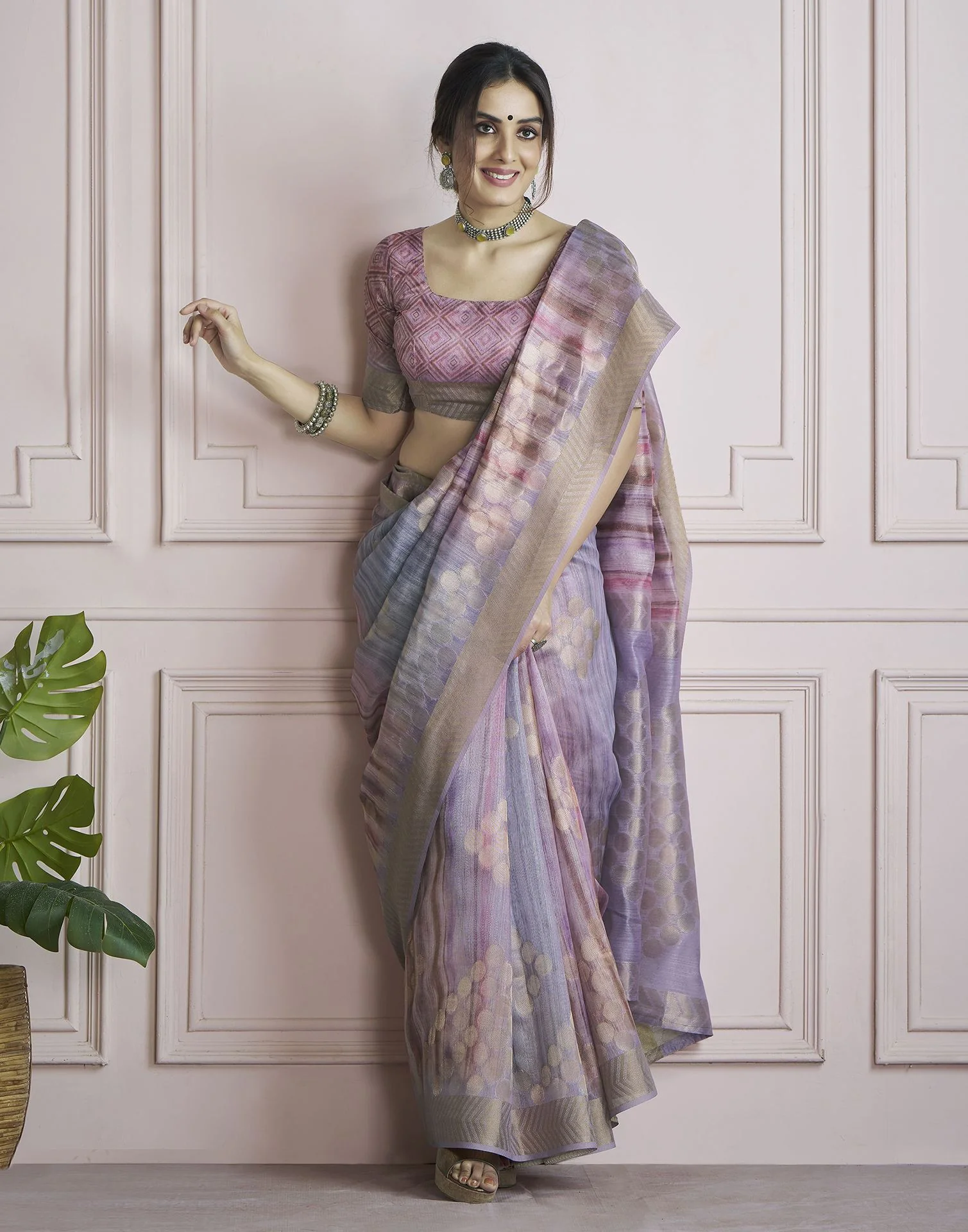 Lavender Khadi Printed Woven Saree - Image 5