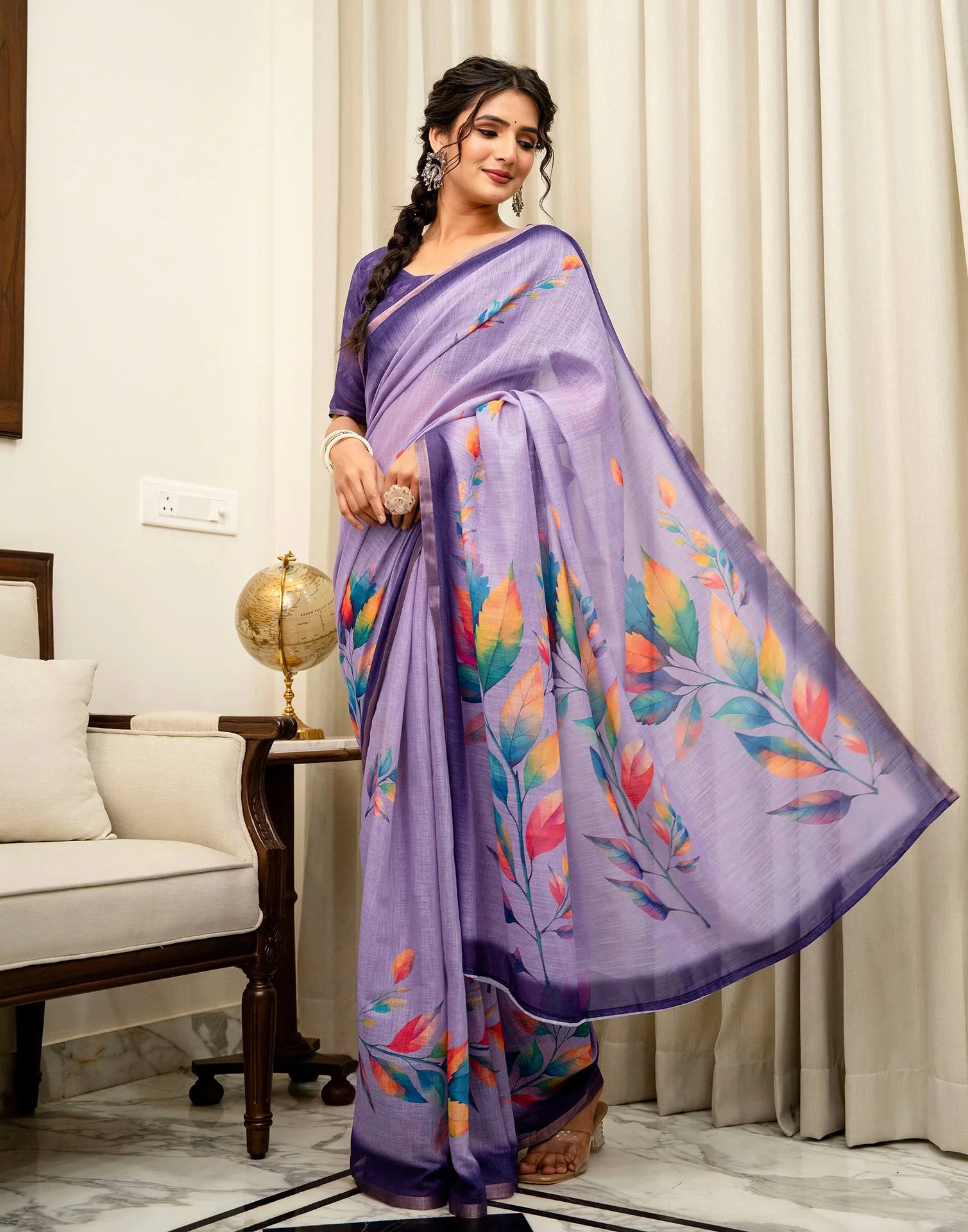 Lavender Linen Printed Saree - Image 5
