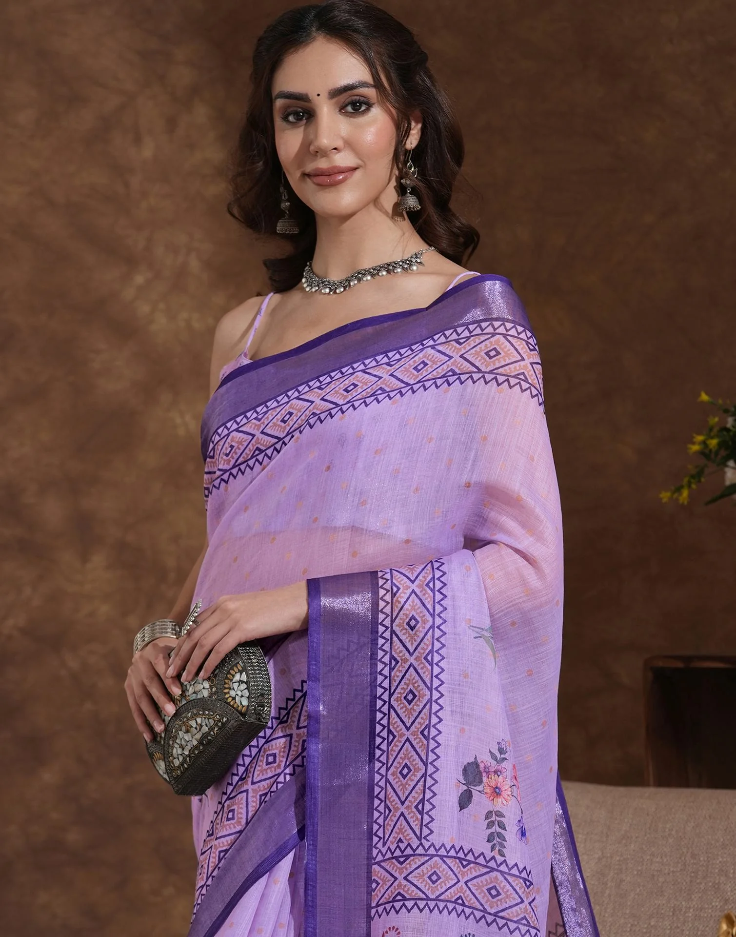 Lavender Linen Woven Printed Saree - Image 2