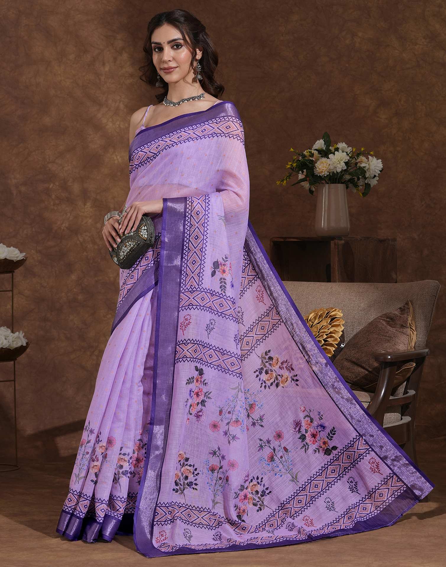 Lavender Linen Woven Printed Saree - Image 5