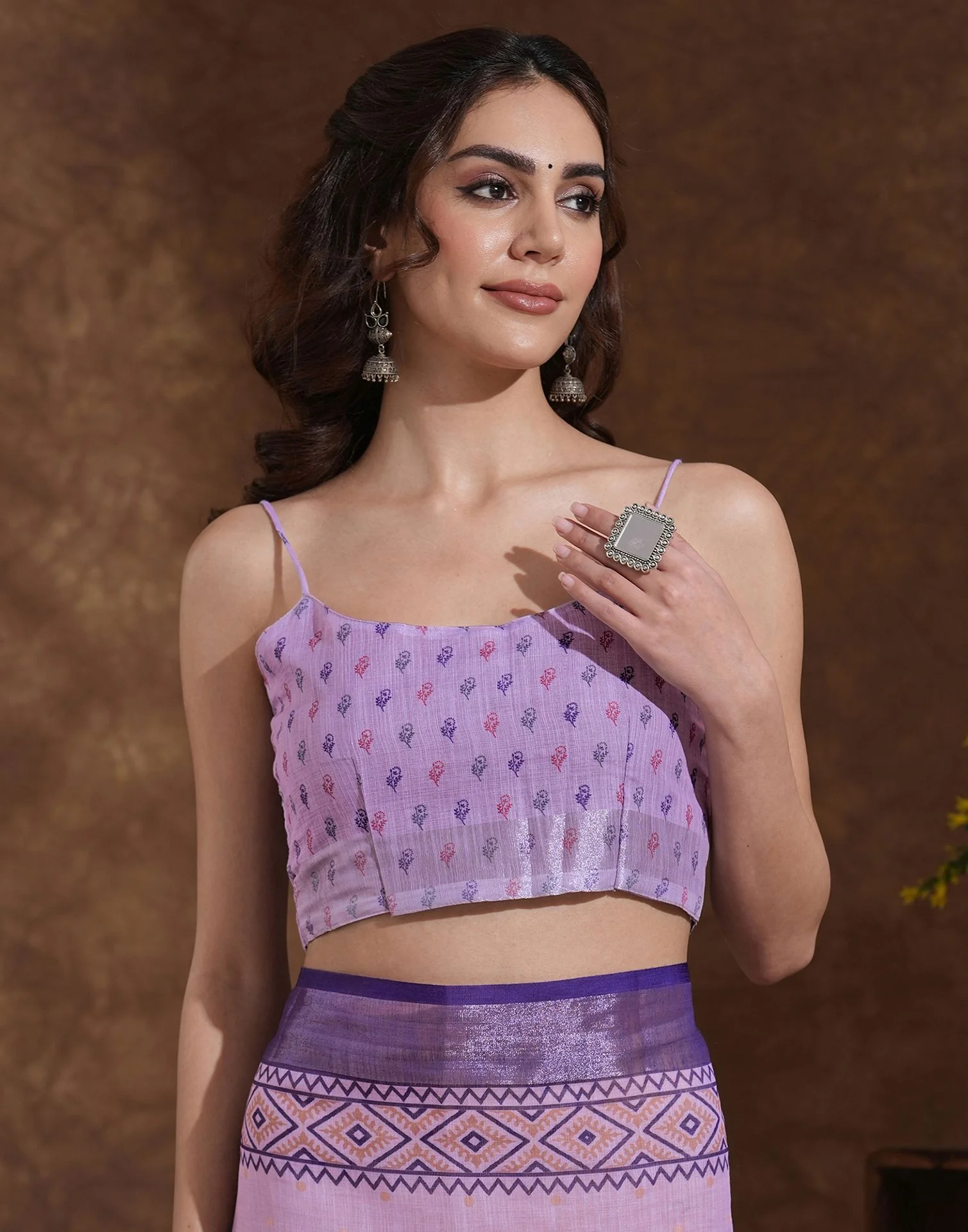 Lavender Linen Woven Printed Saree - Image 7