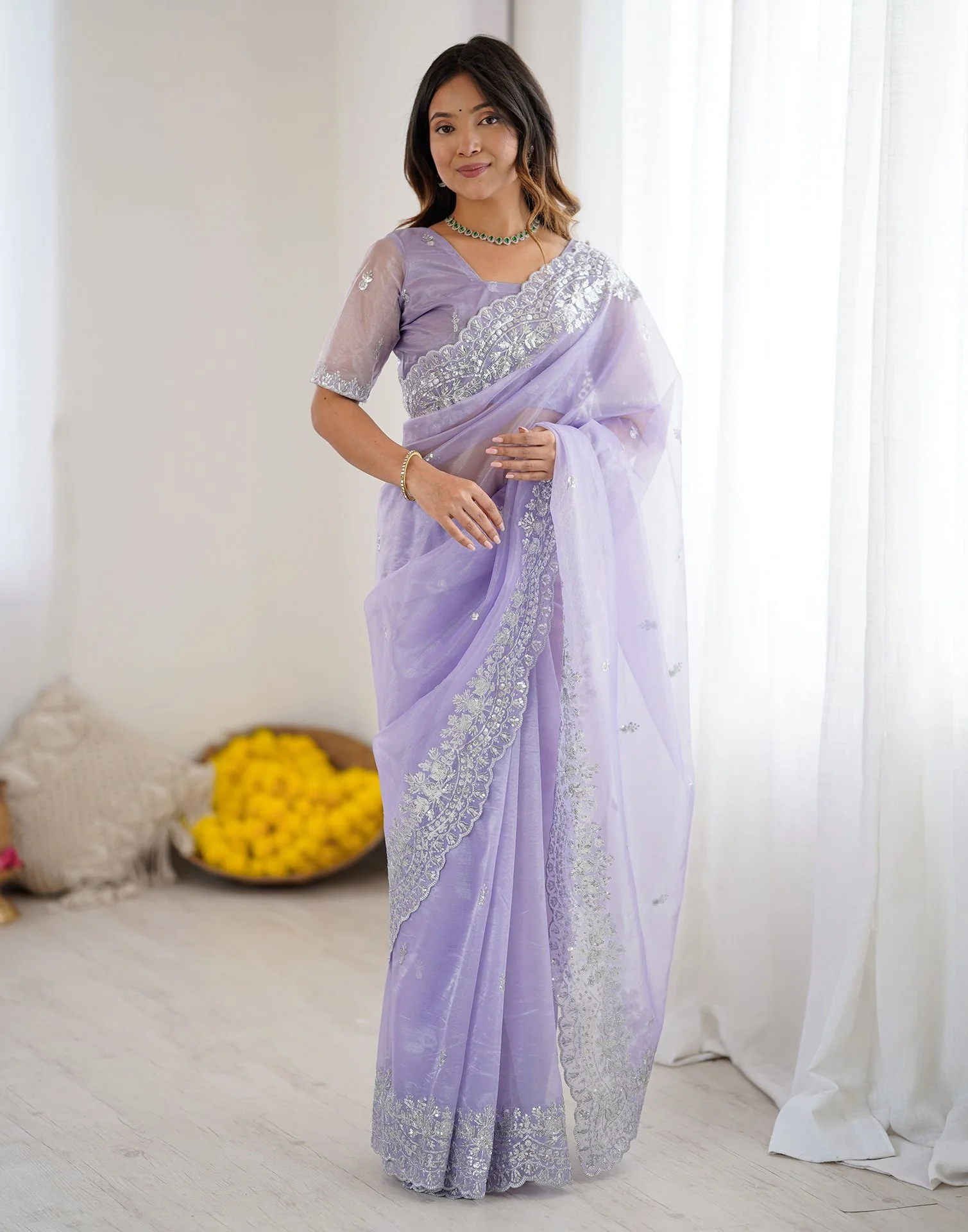 Lavender Net Sequence Embroidery Saree