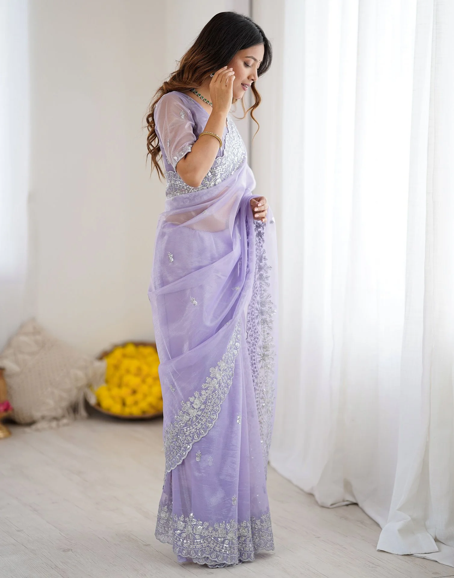 Lavender Net Sequence Embroidery Saree - Image 10