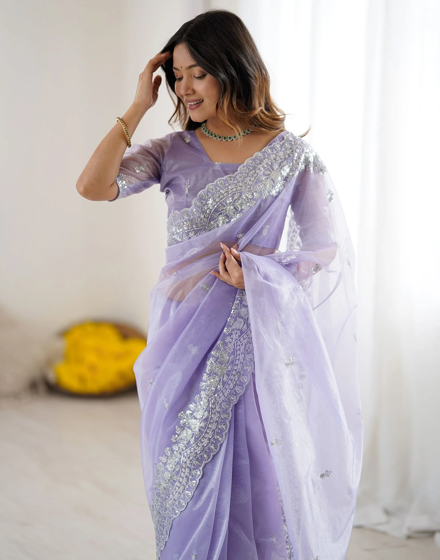Lavender Net Sequence Embroidery Saree - Image 2