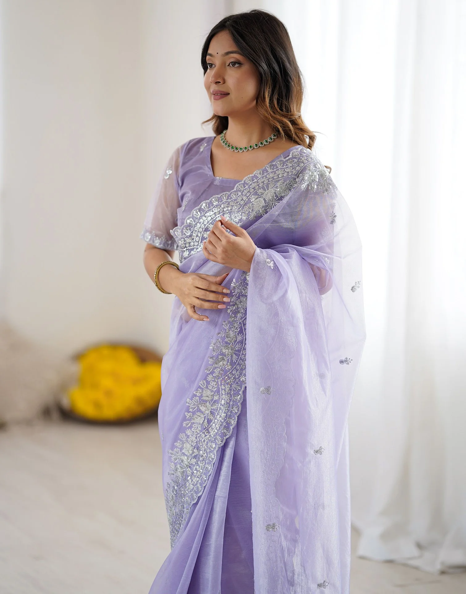 Lavender Net Sequence Embroidery Saree - Image 4