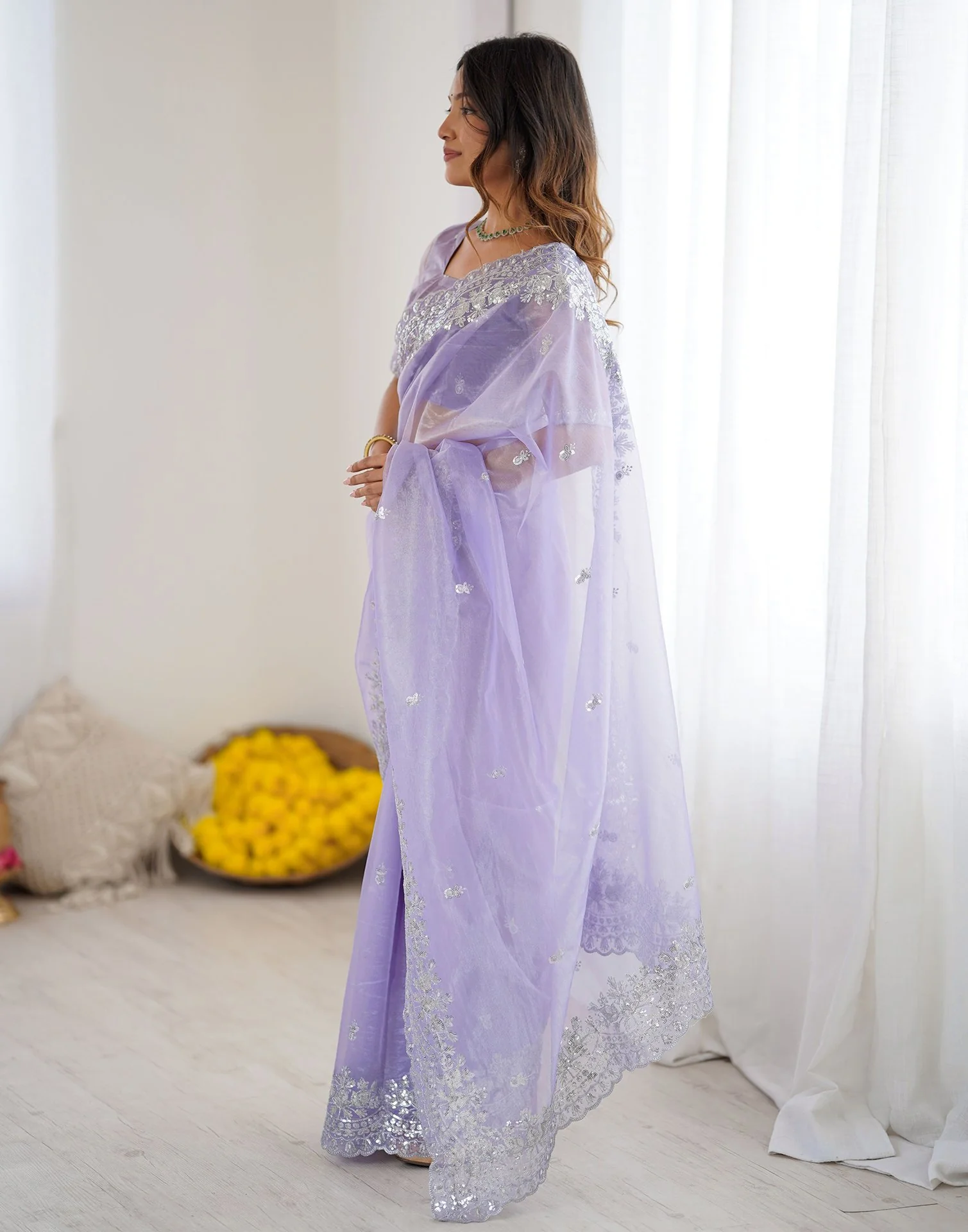 Lavender Net Sequence Embroidery Saree - Image 5