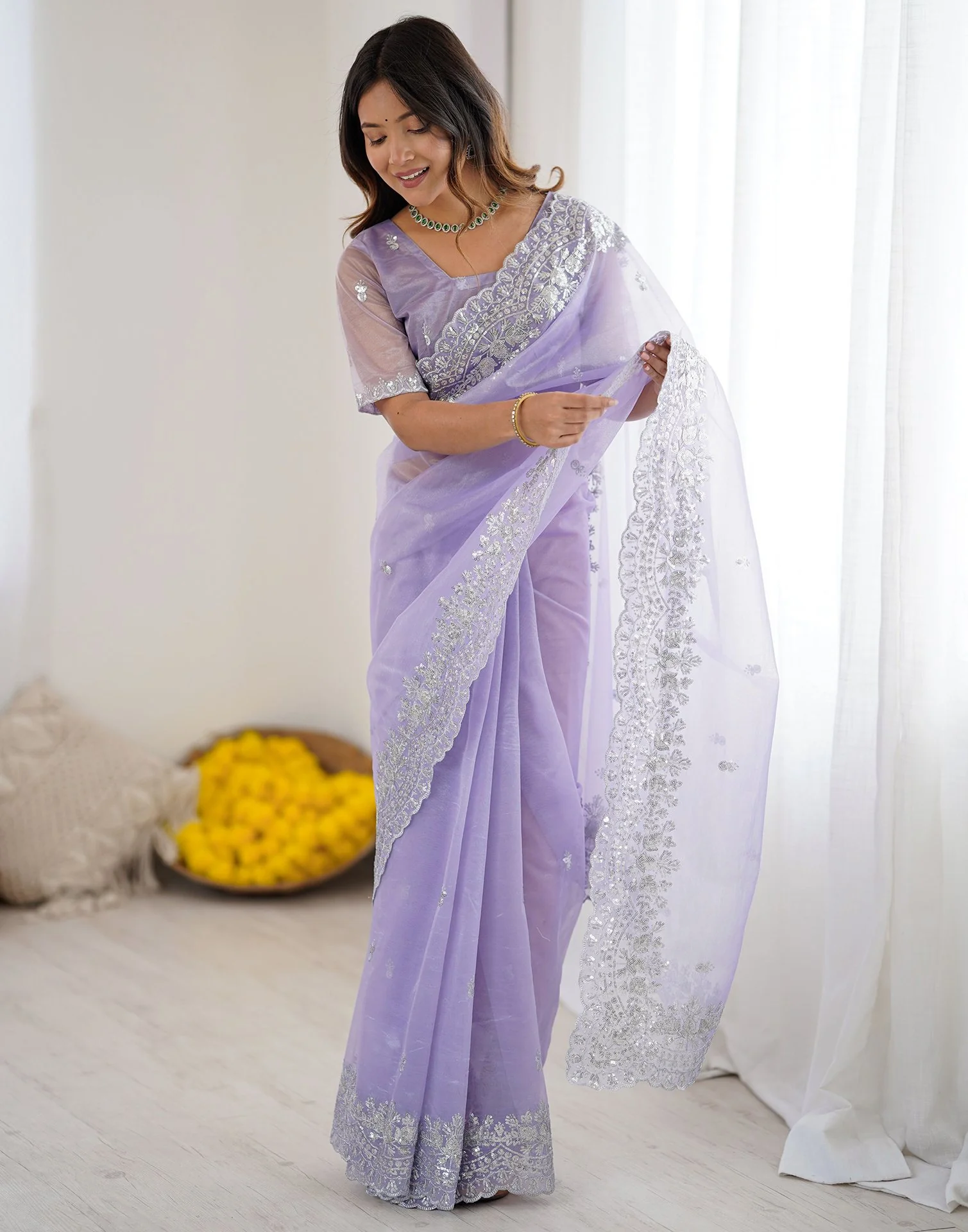 Lavender Net Sequence Embroidery Saree - Image 6