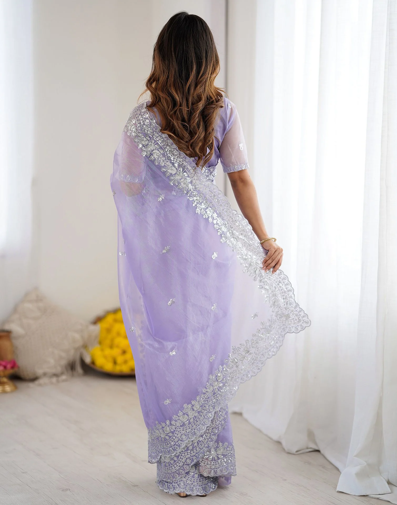 Lavender Net Sequence Embroidery Saree - Image 7