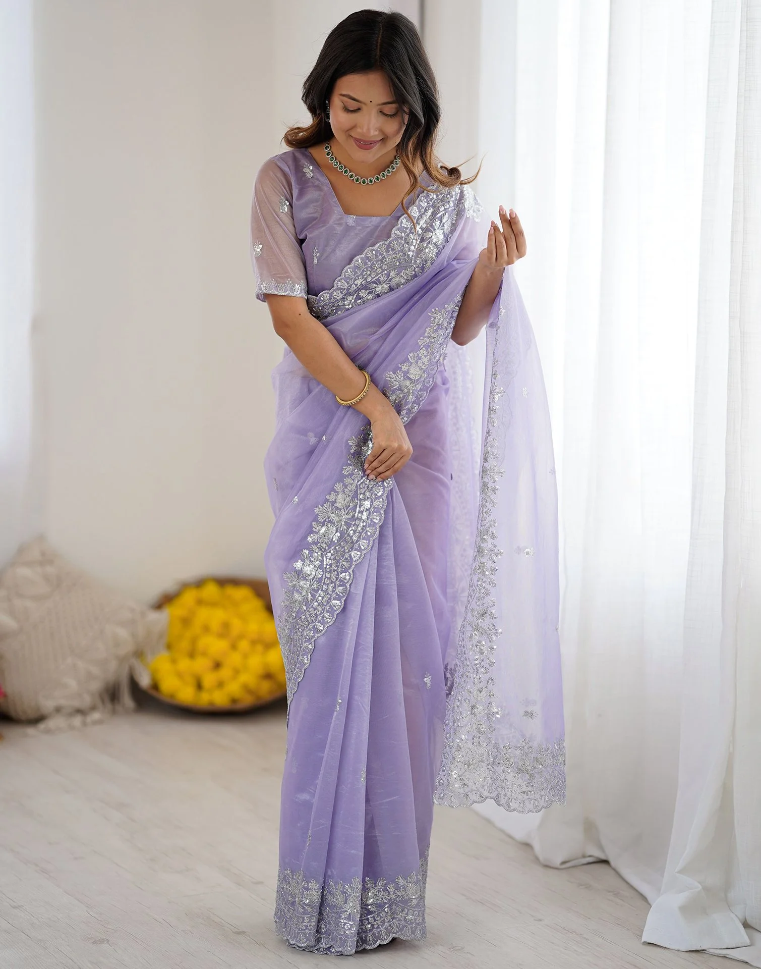Lavender Net Sequence Embroidery Saree - Image 8