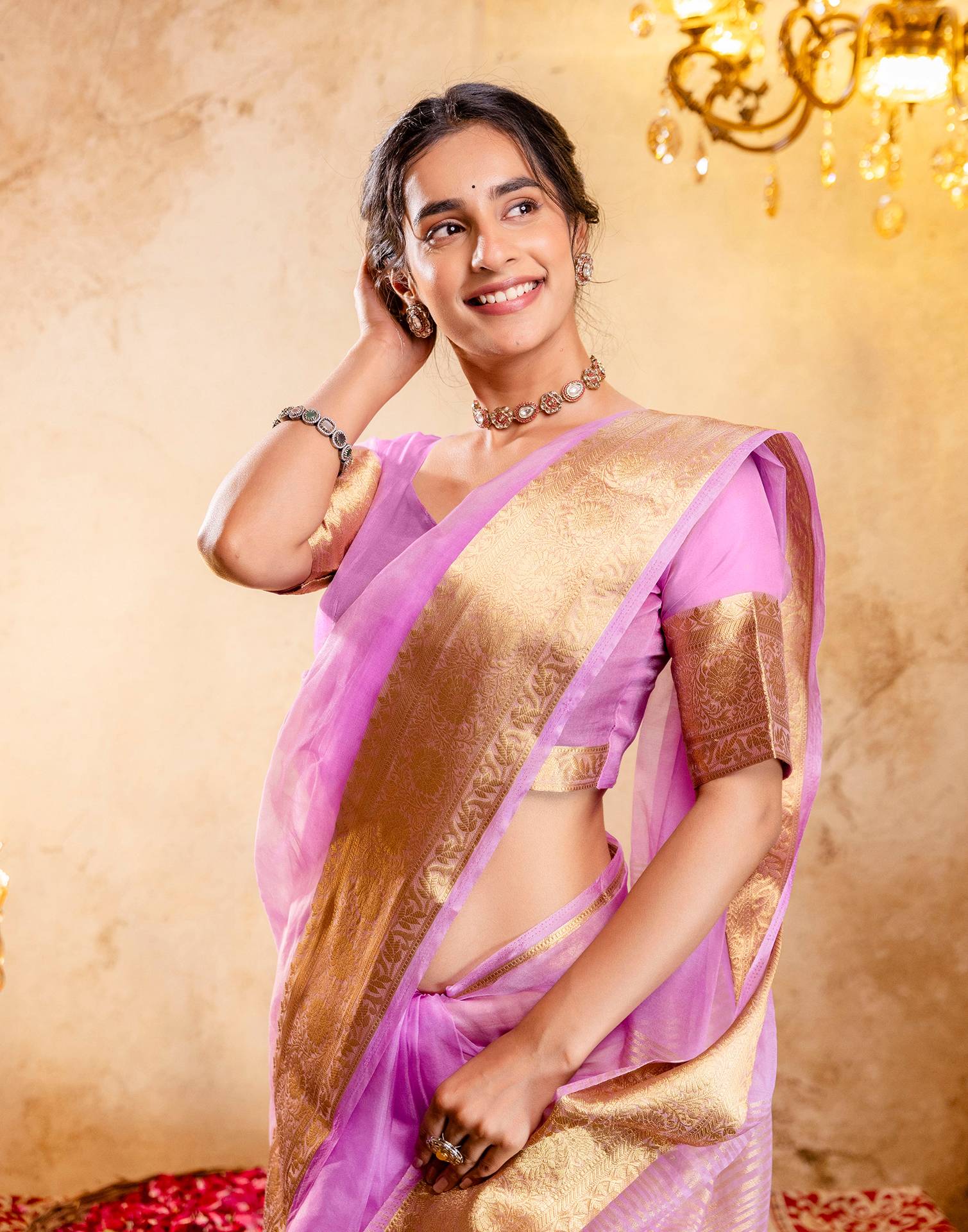 Lavender Organza Woven Border Saree - Image 4