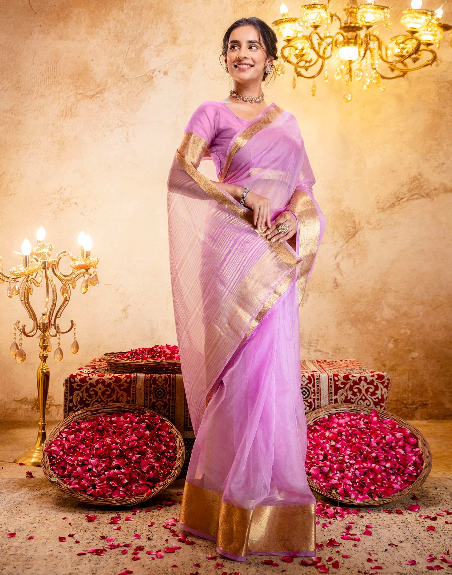 Lavender Organza Woven Border Saree - Image 8