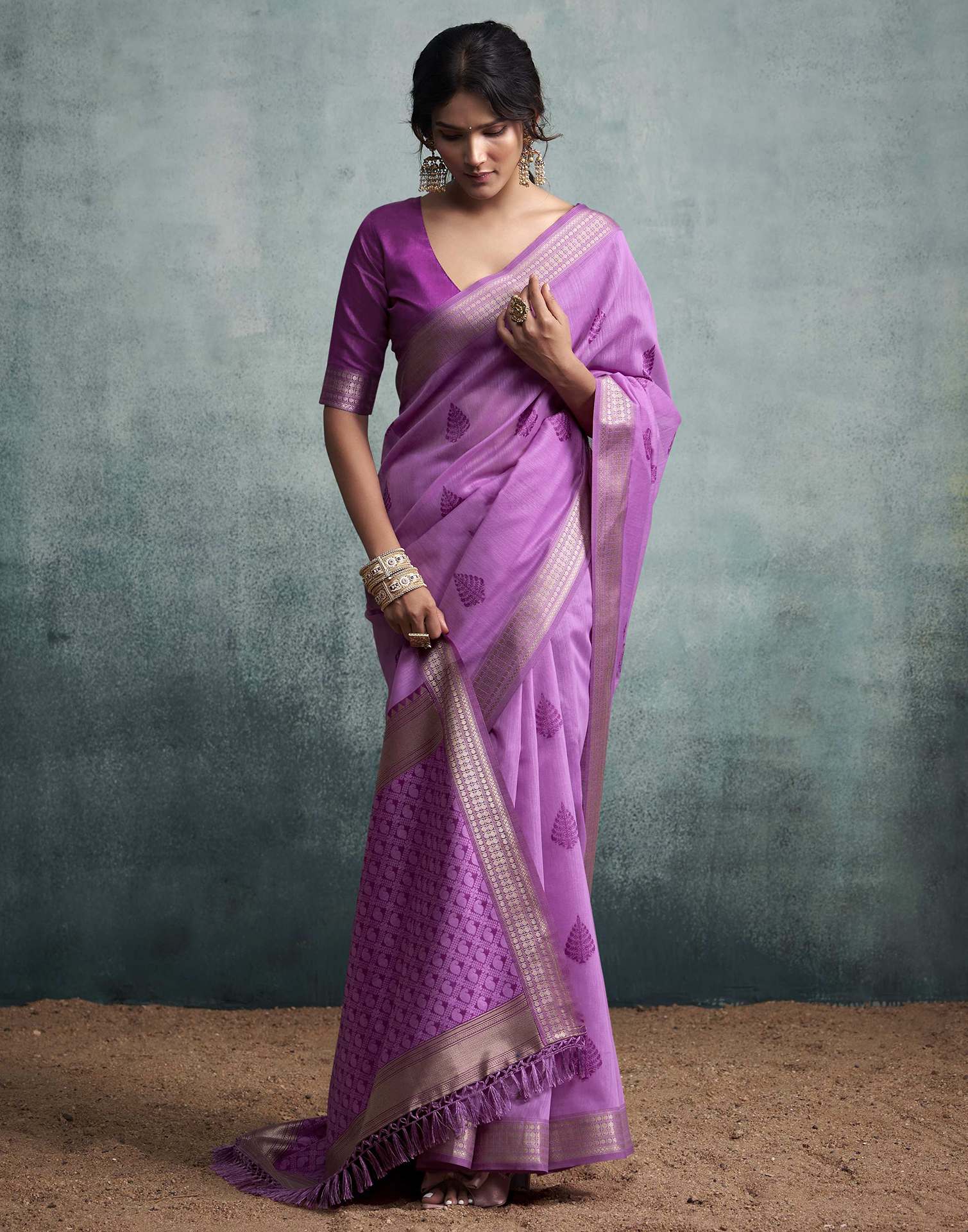 Lavender Pink Cotton Woven Saree - Image 5
