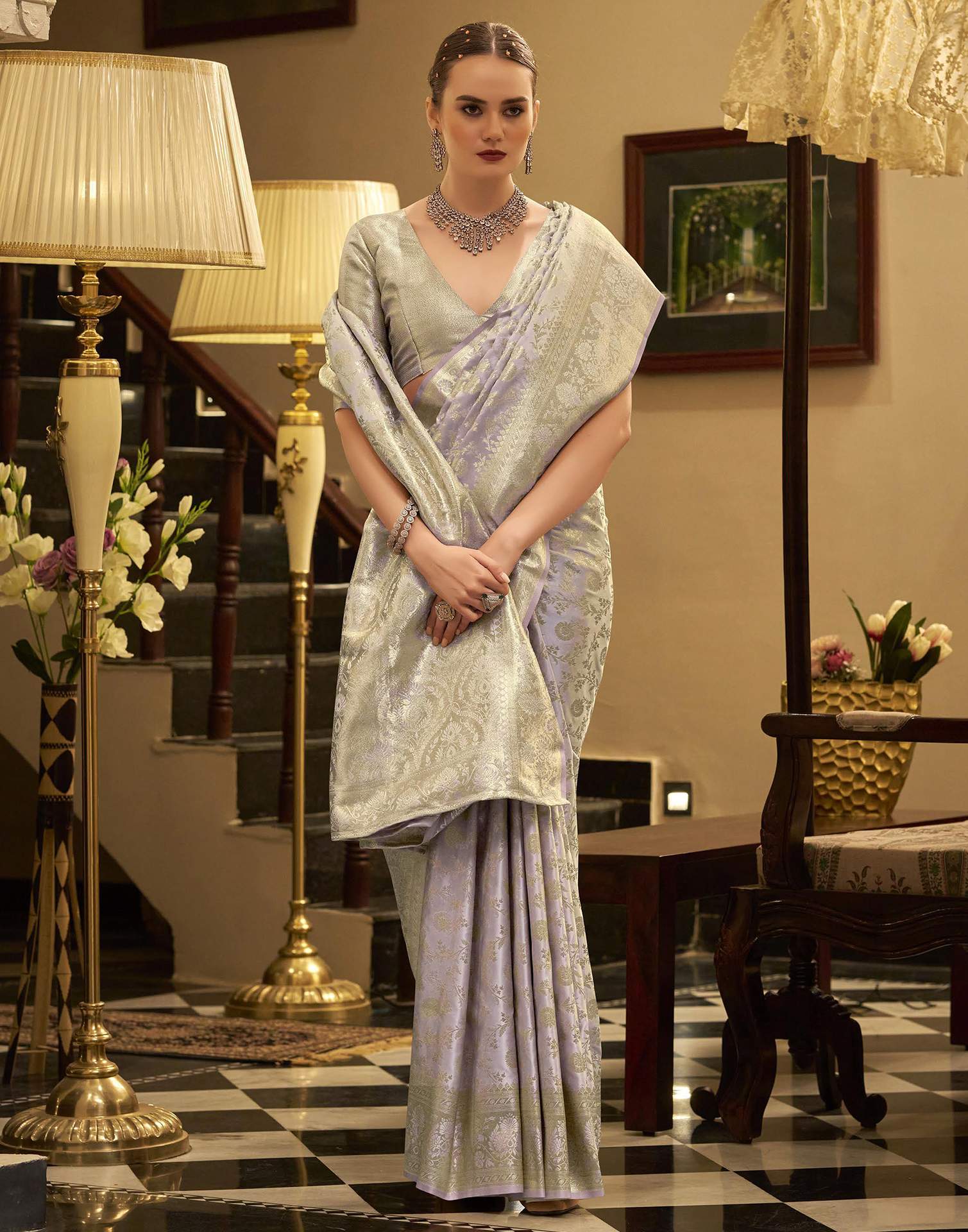 Lavender Satin Woven Banarasi Saree - Image 4