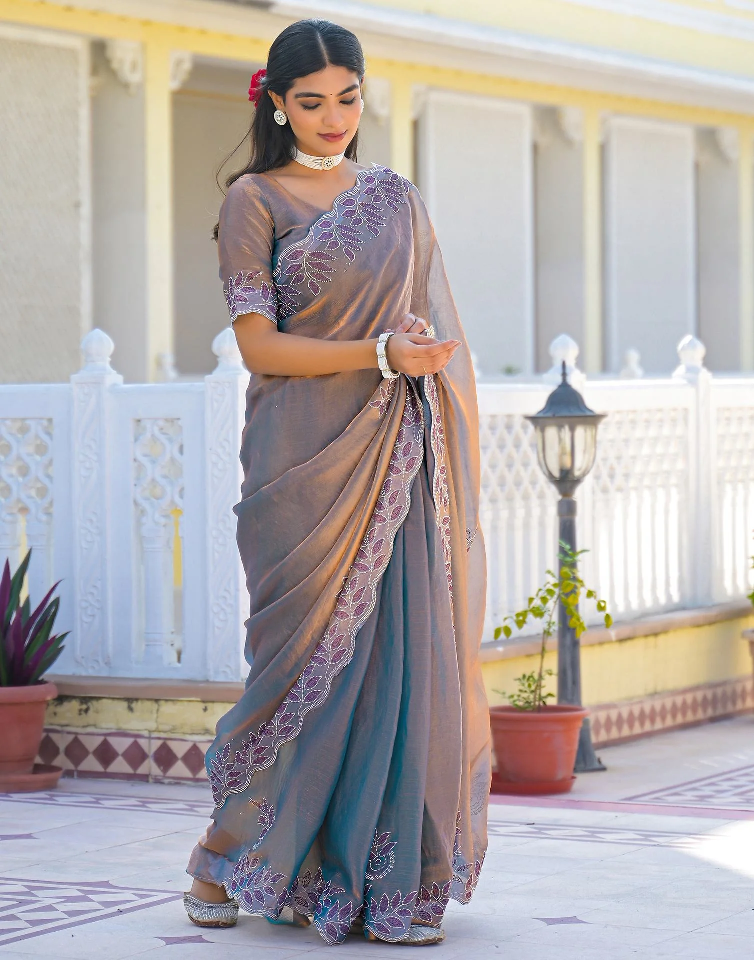 Lavender Shimmer Chiffon Stone Work Swarovski saree - Image 4