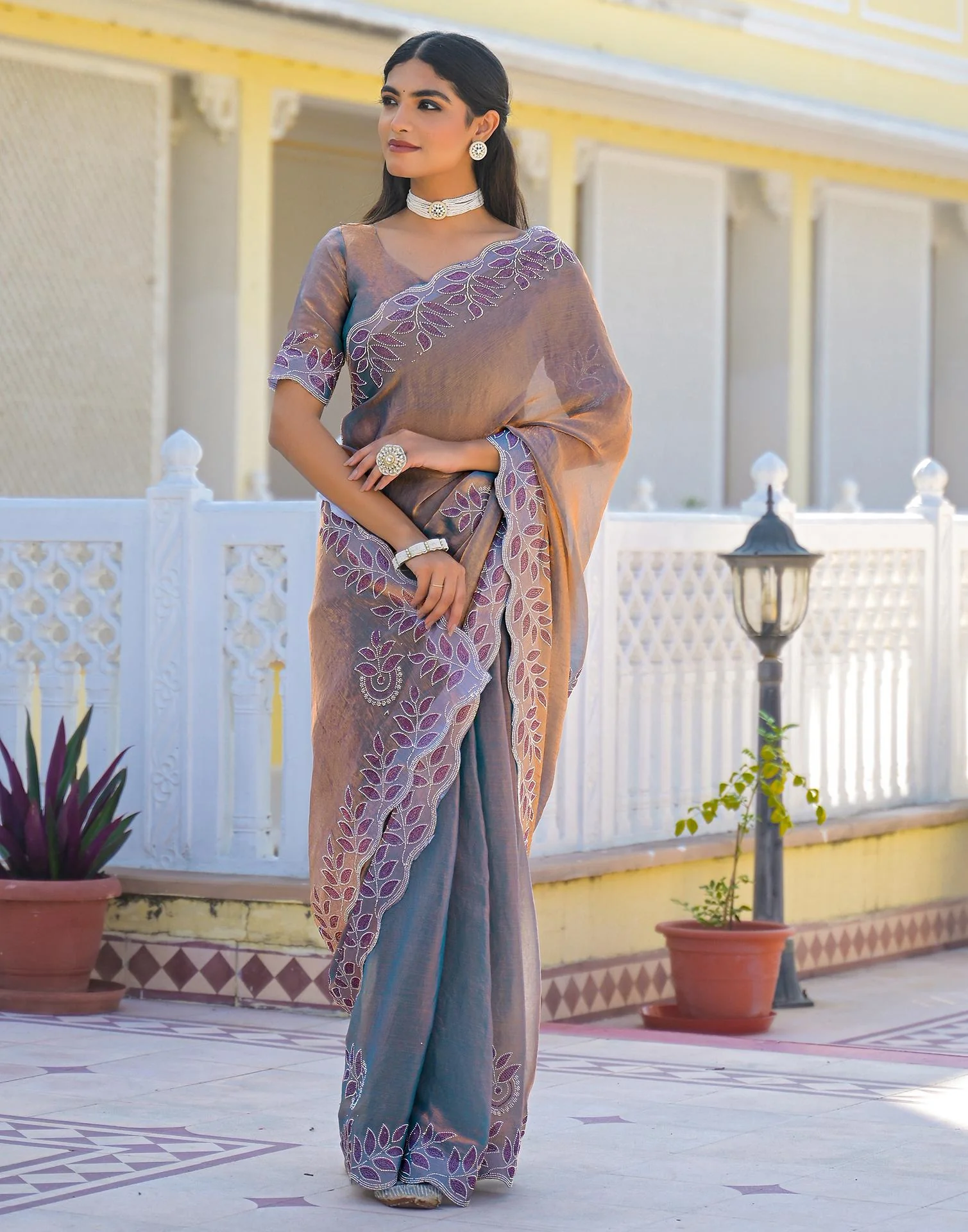 Lavender Shimmer Chiffon Stone Work Swarovski saree - Image 5