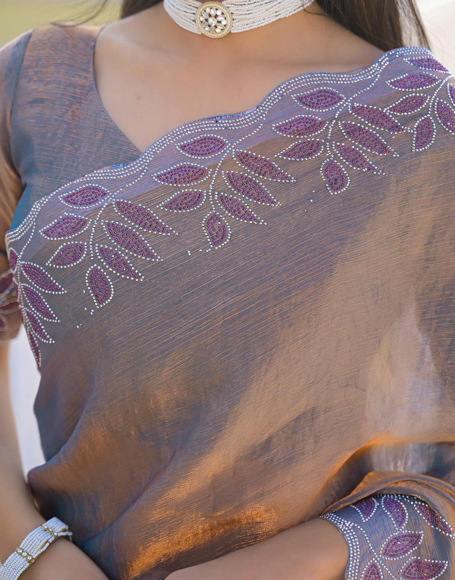 Lavender Shimmer Chiffon Stone Work Swarovski saree - Image 7