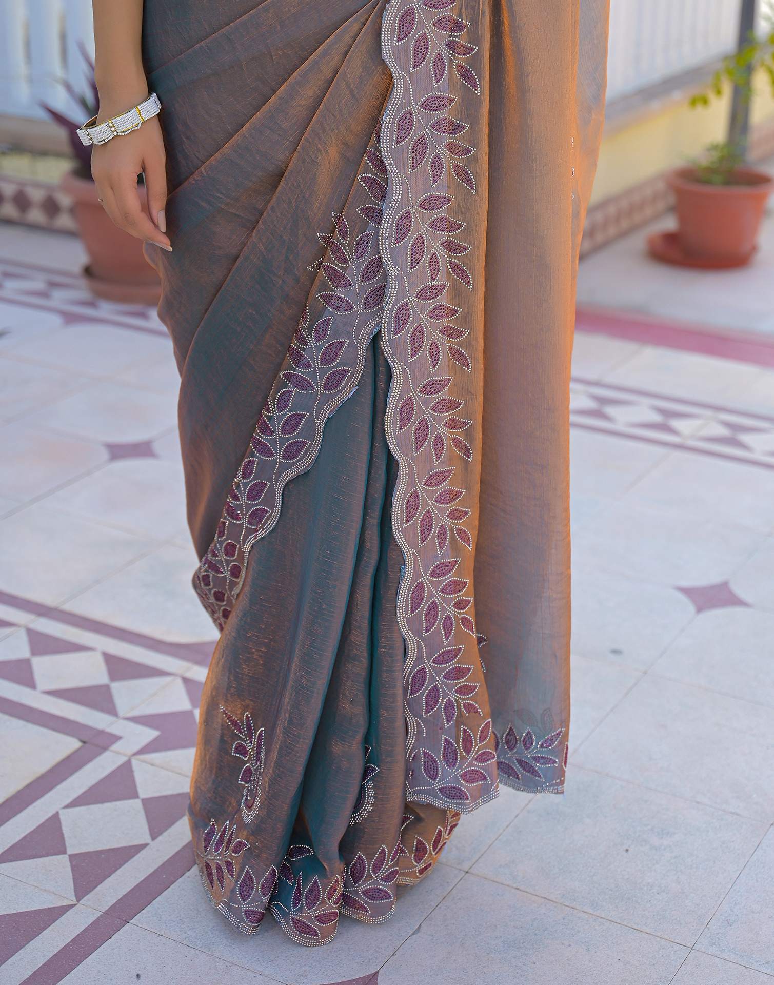 Lavender Shimmer Chiffon Stone Work Swarovski saree - Image 8