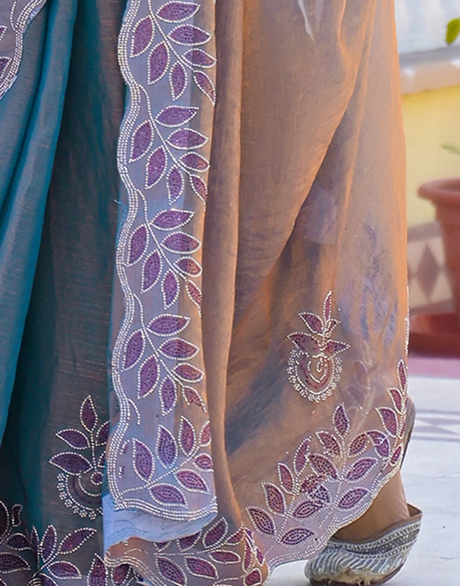 Lavender Shimmer Chiffon Stone Work Swarovski saree - Image 9
