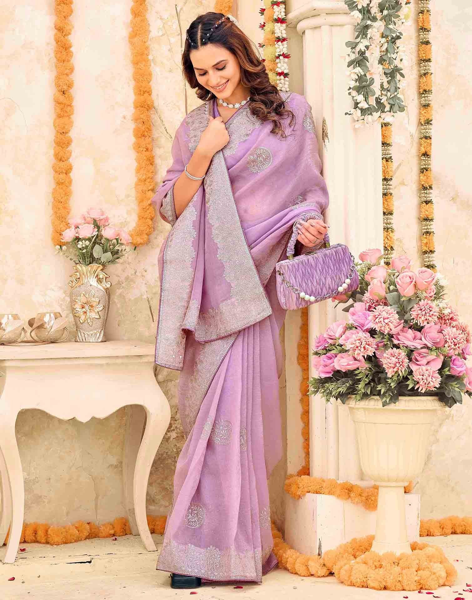 Lavender Shimmer Embroidery Embellished Saree - Image 5