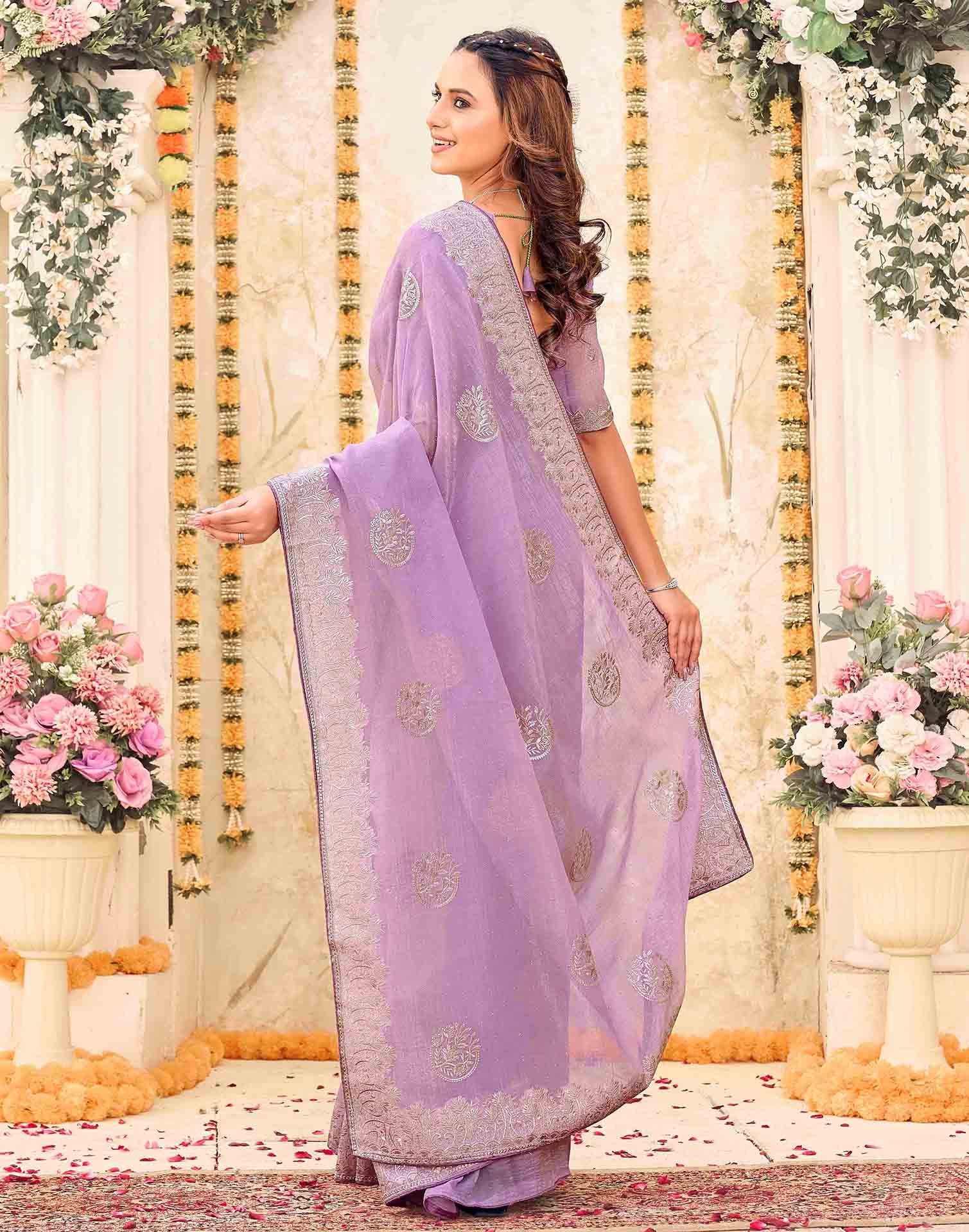 Lavender Shimmer Embroidery Embellished Saree - Image 6