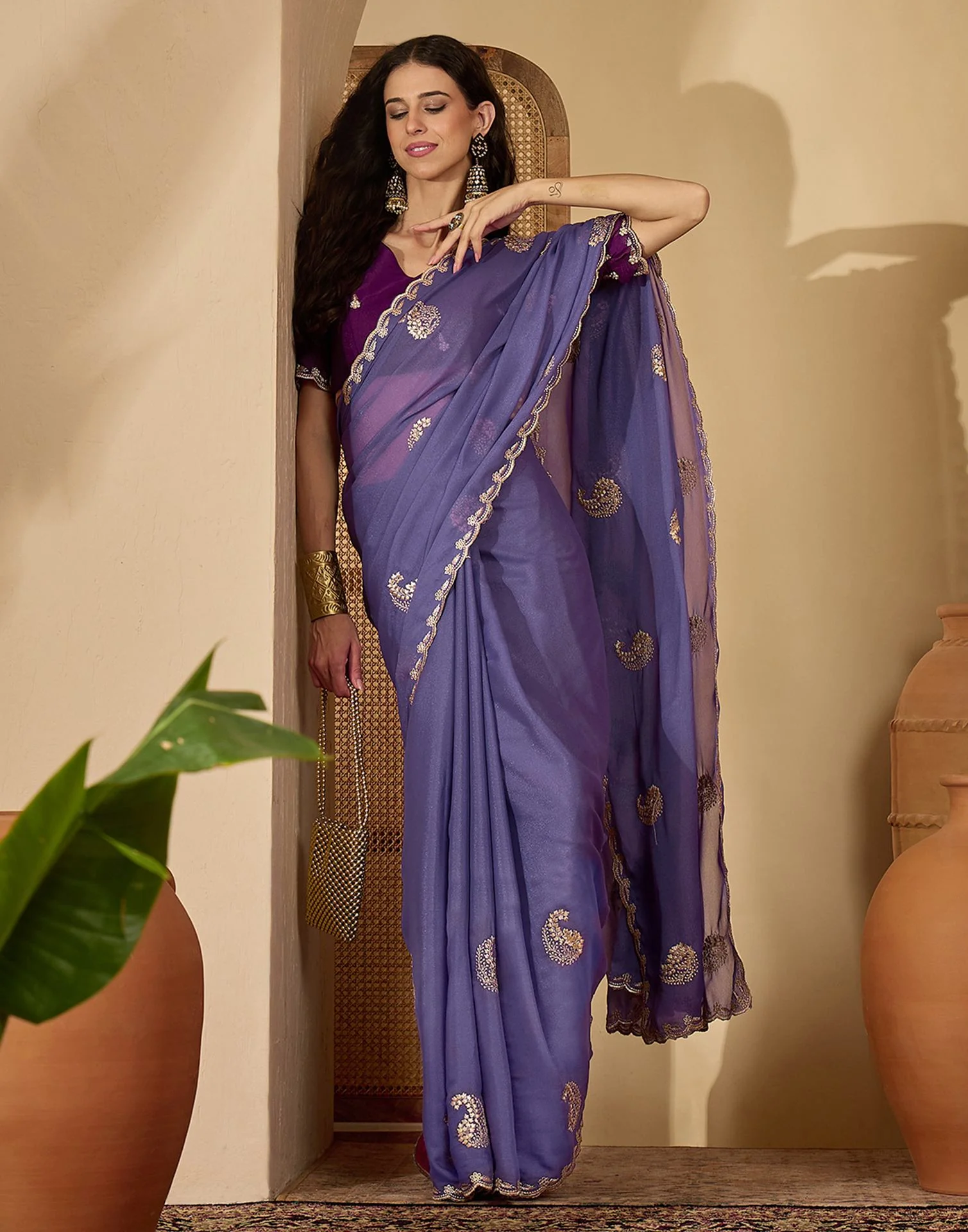 Lavender Shimmer Embroidery Saree - Image 6
