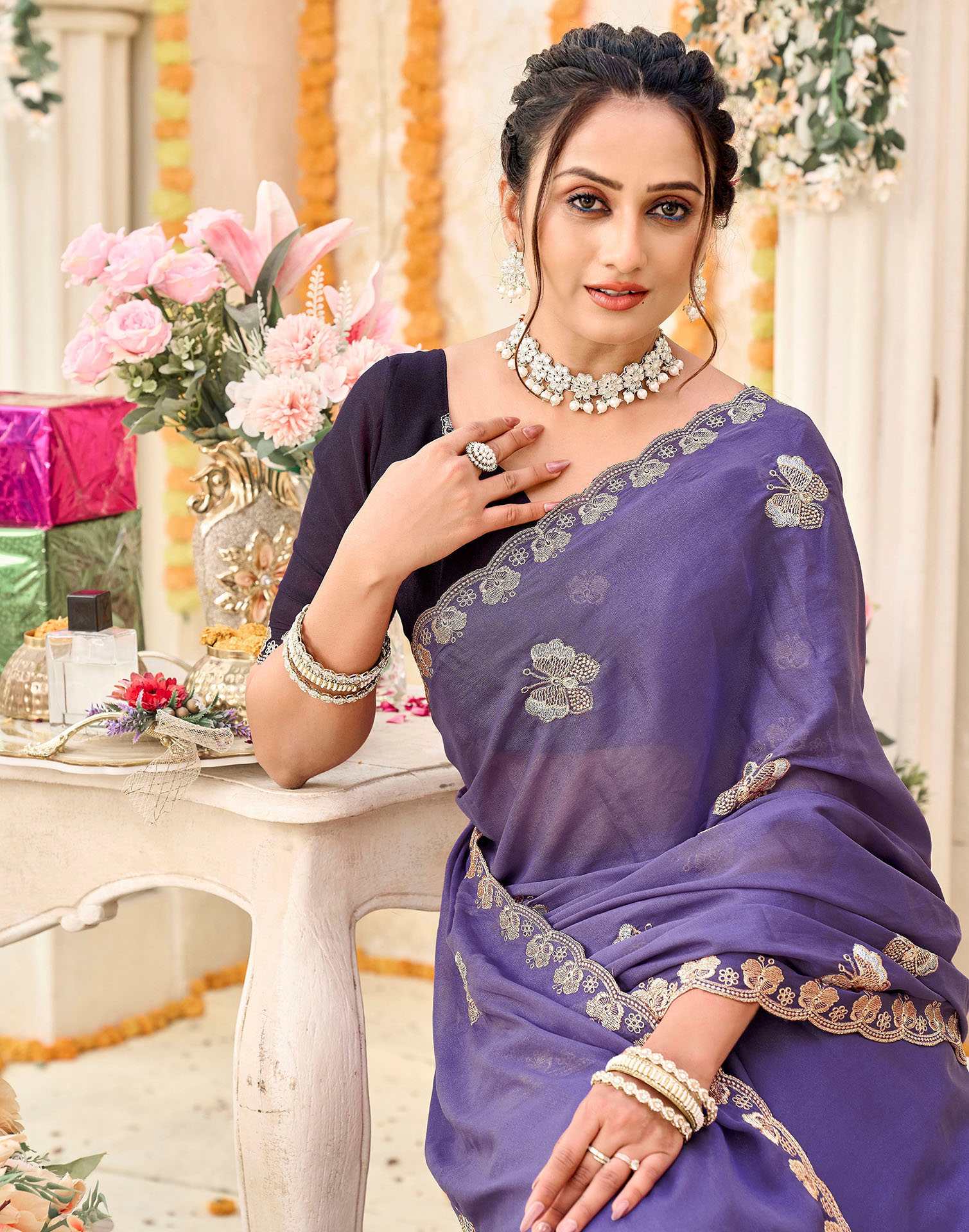 Lavender Shimmer Georgette Sequence Embroidery saree - Image 6