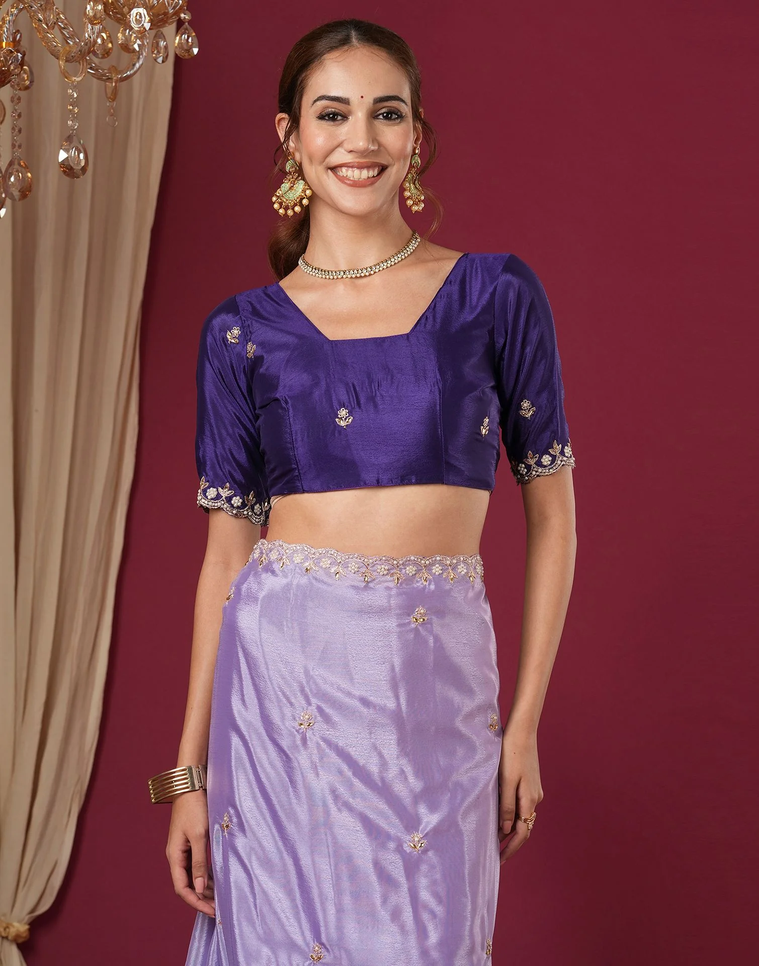 Lavender Shimmer Pearl Work Embroidery Saree - Image 10