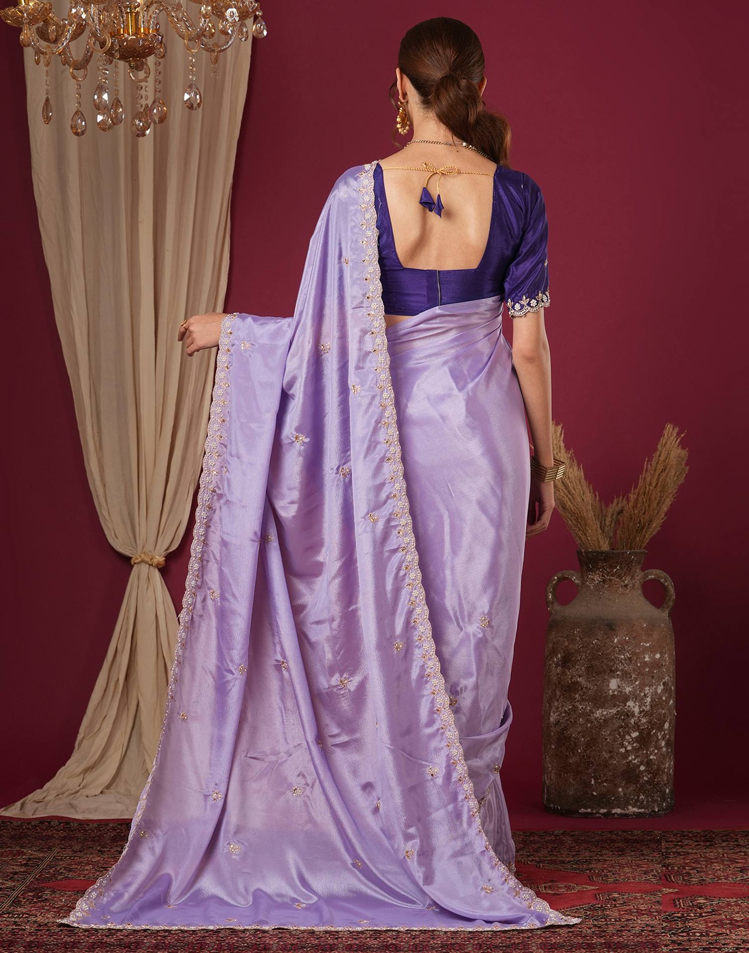 Lavender Shimmer Pearl Work Embroidery Saree - Image 6