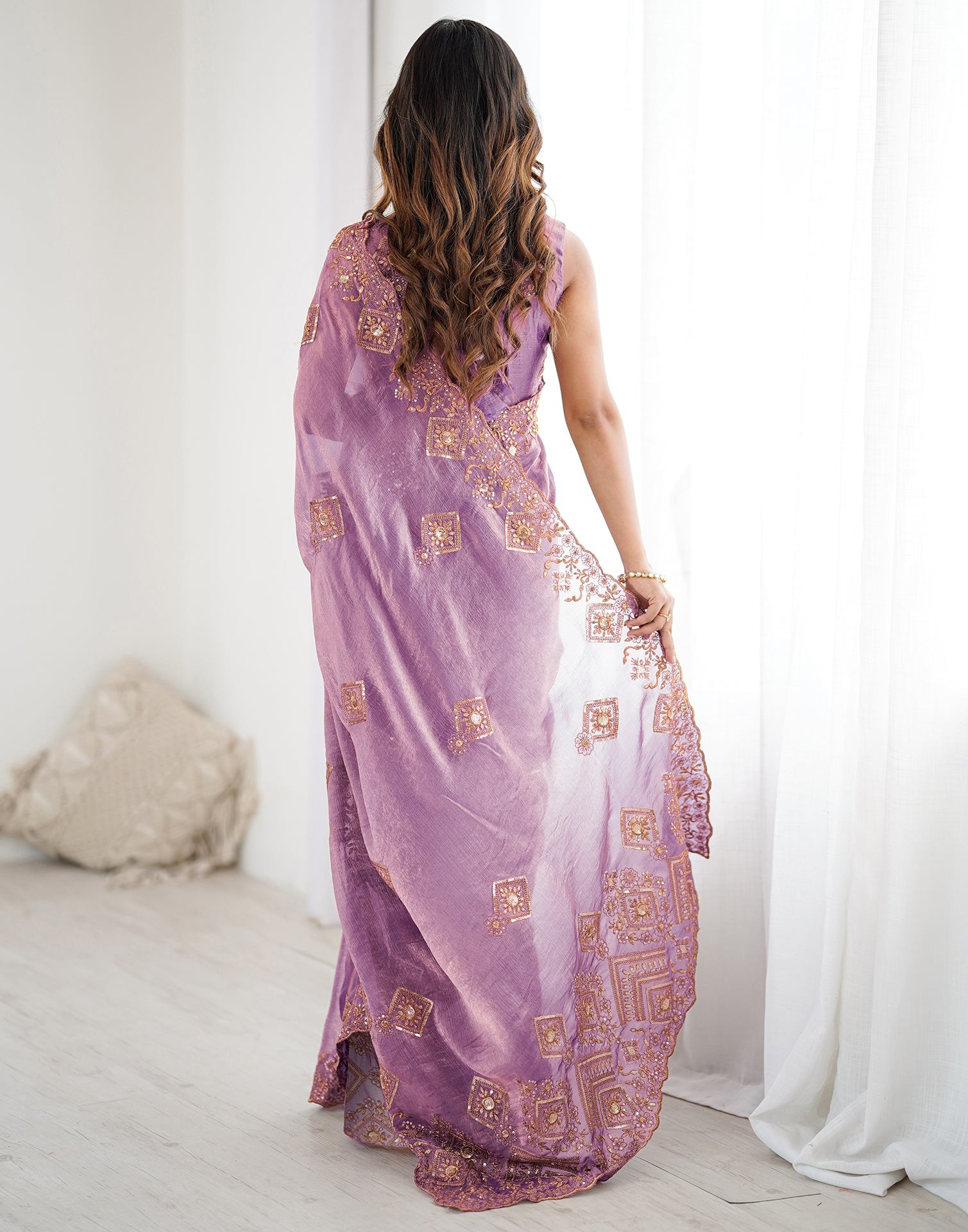 Lavender Shimmer Sequence Embroidery Saree - Image 6