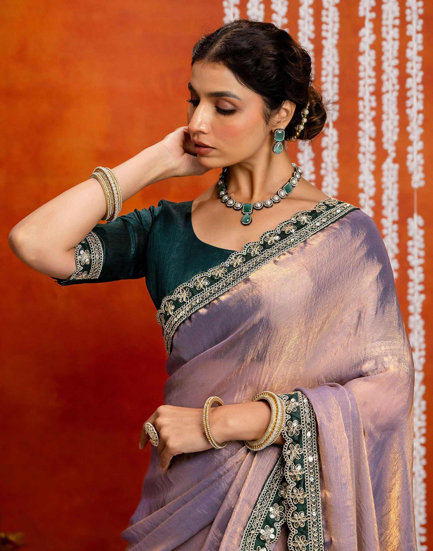 Lavender Shimmer Sequence Lace Saree - Image 4