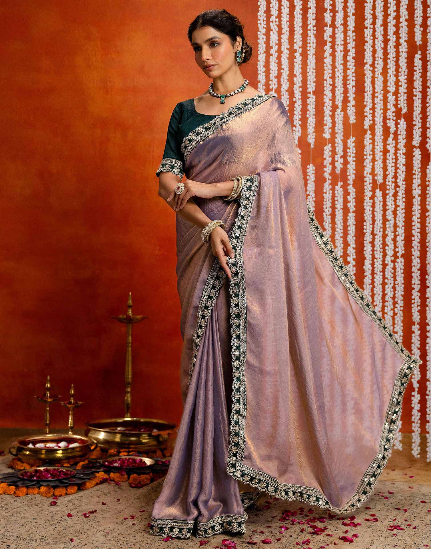 Lavender Shimmer Sequence Lace Saree - Image 6