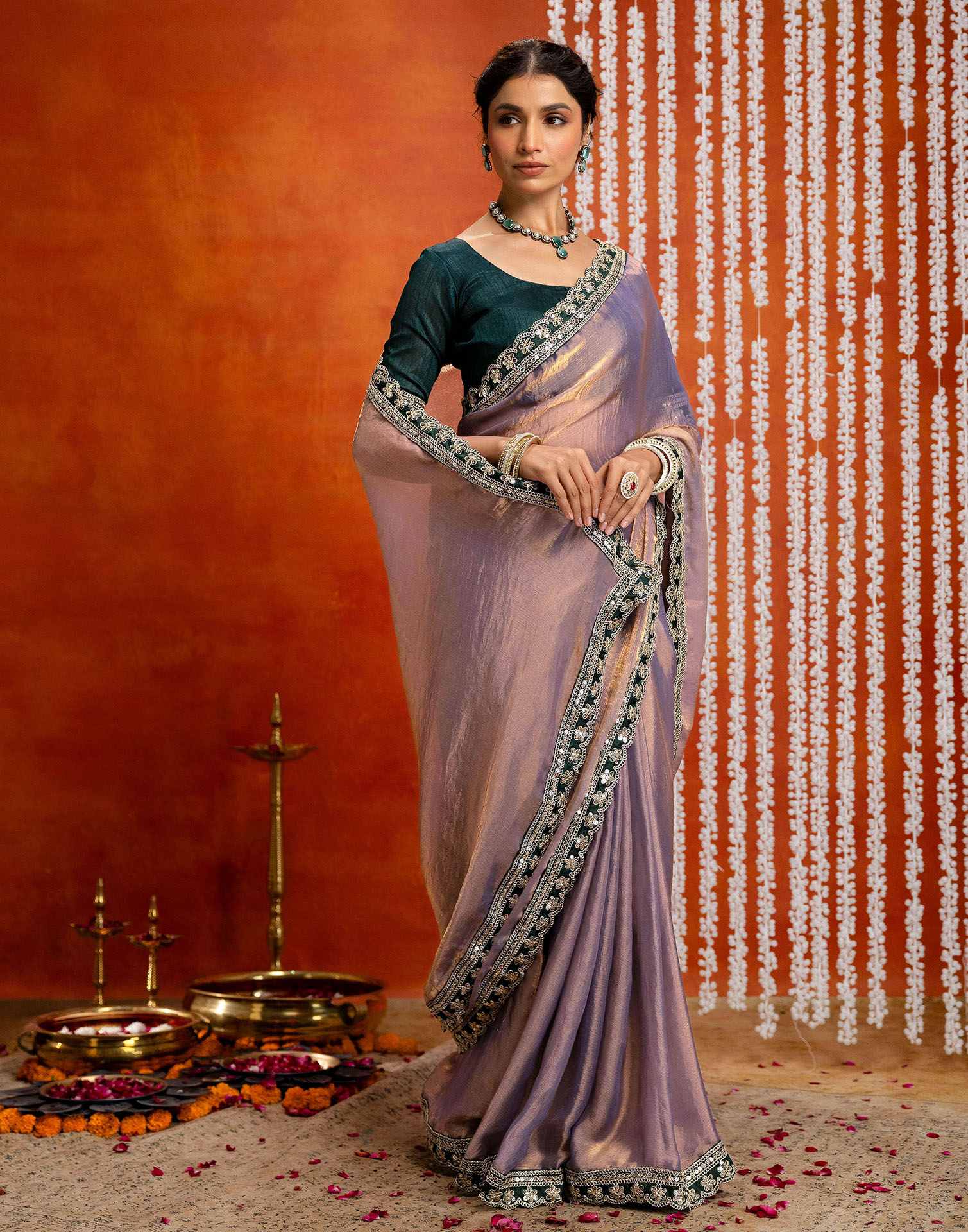 Lavender Shimmer Sequence Lace Saree - Image 7