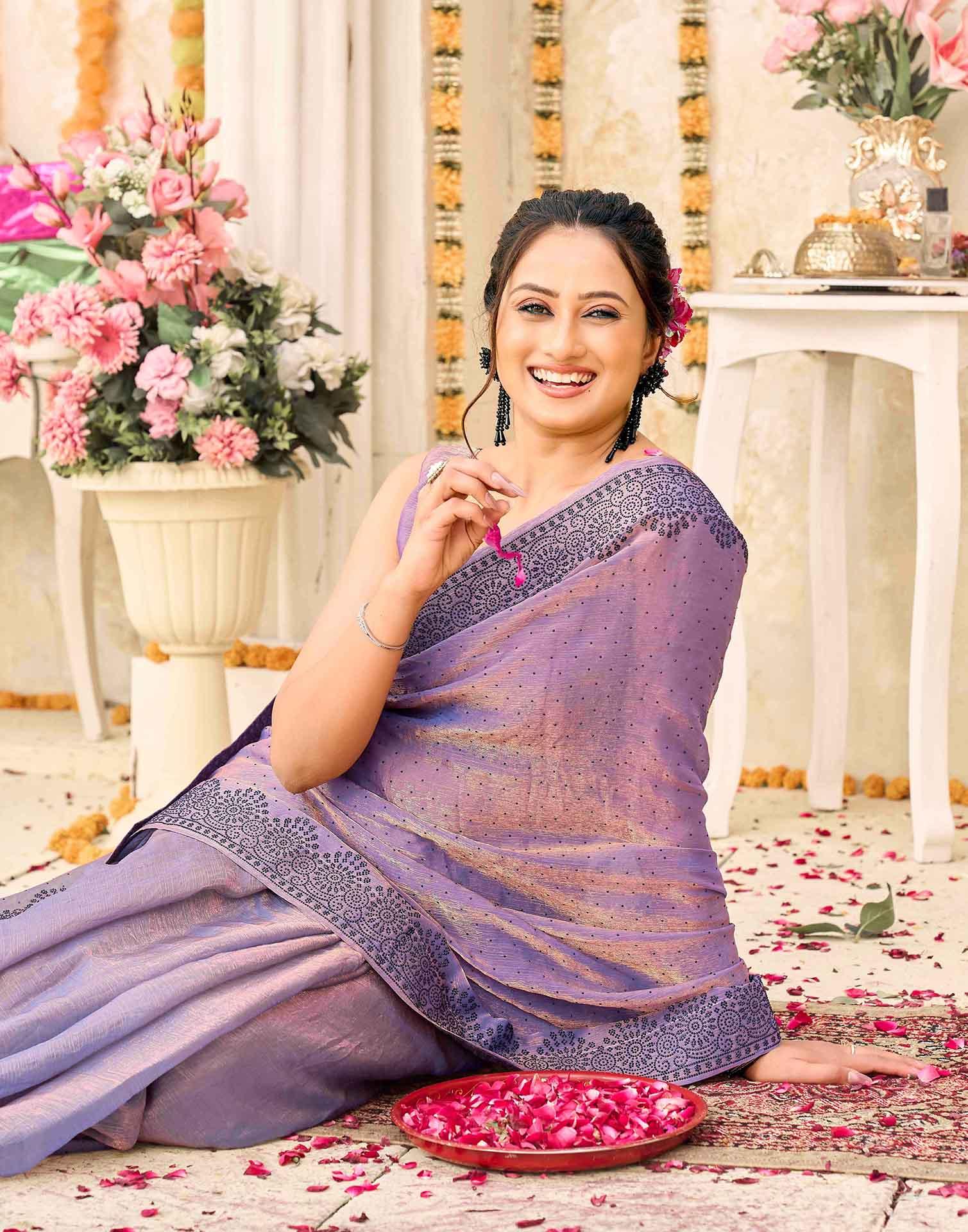 Lavender Shimmer Stone Work Swarovski Saree - Image 2
