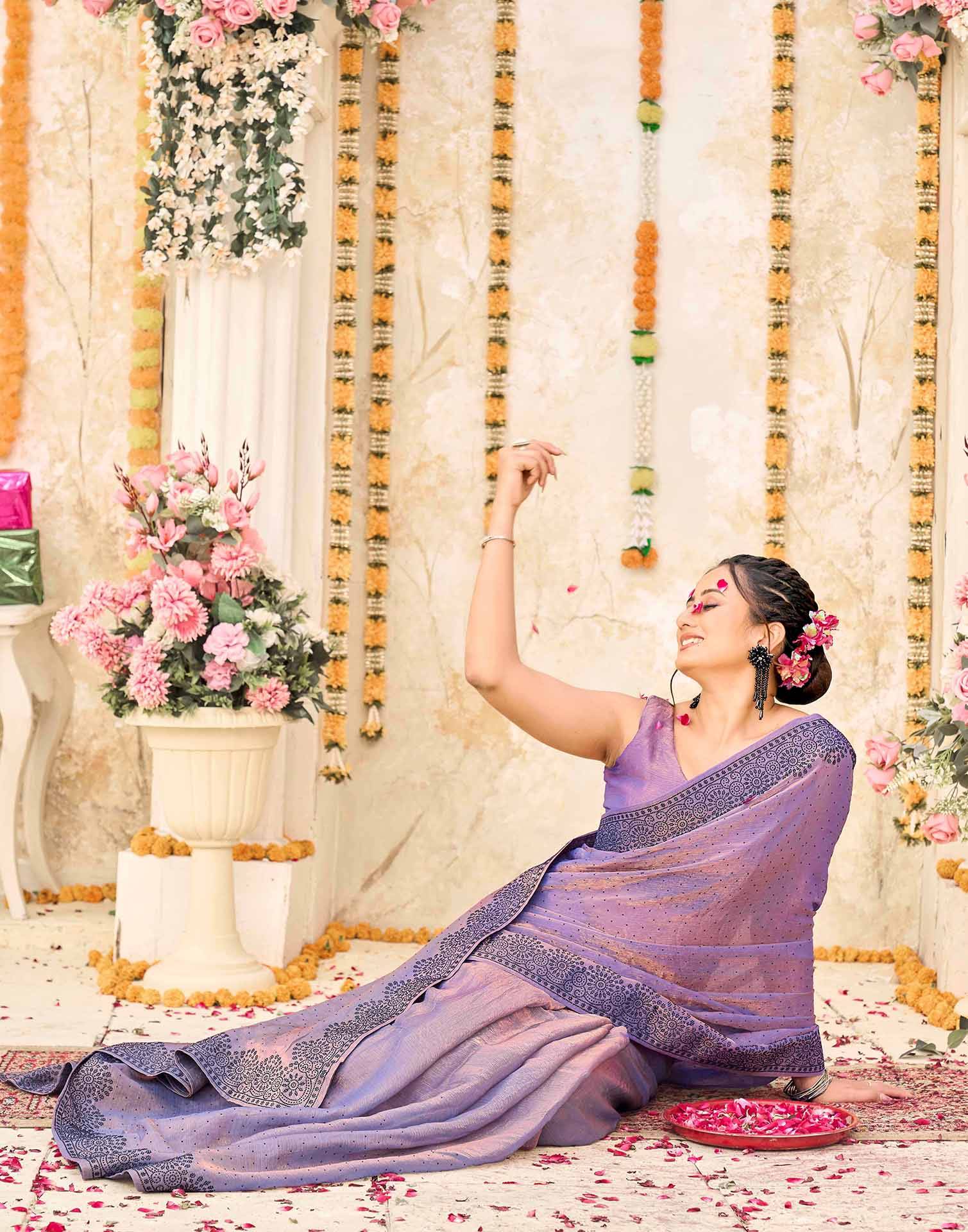 Lavender Shimmer Stone Work Swarovski Saree - Image 5